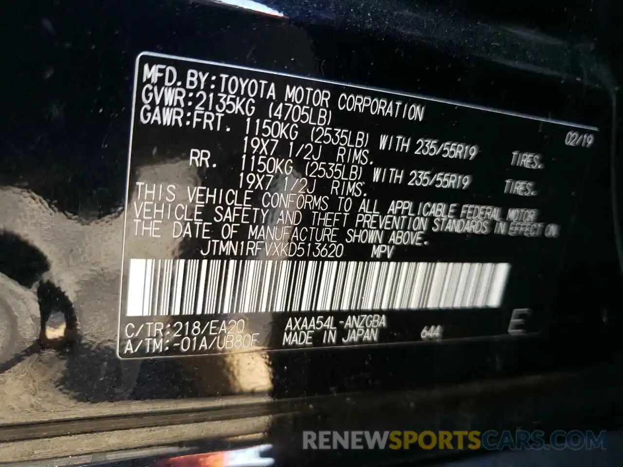 10 Фотография поврежденного автомобиля JTMN1RFVXKD513620 TOYOTA RAV4 2019