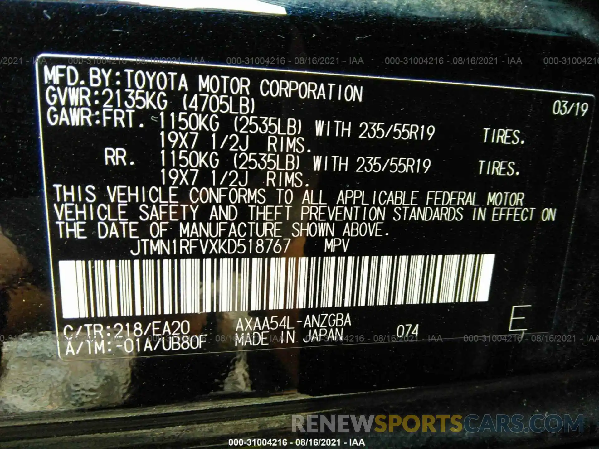 9 Фотография поврежденного автомобиля JTMN1RFVXKD518767 TOYOTA RAV4 2019