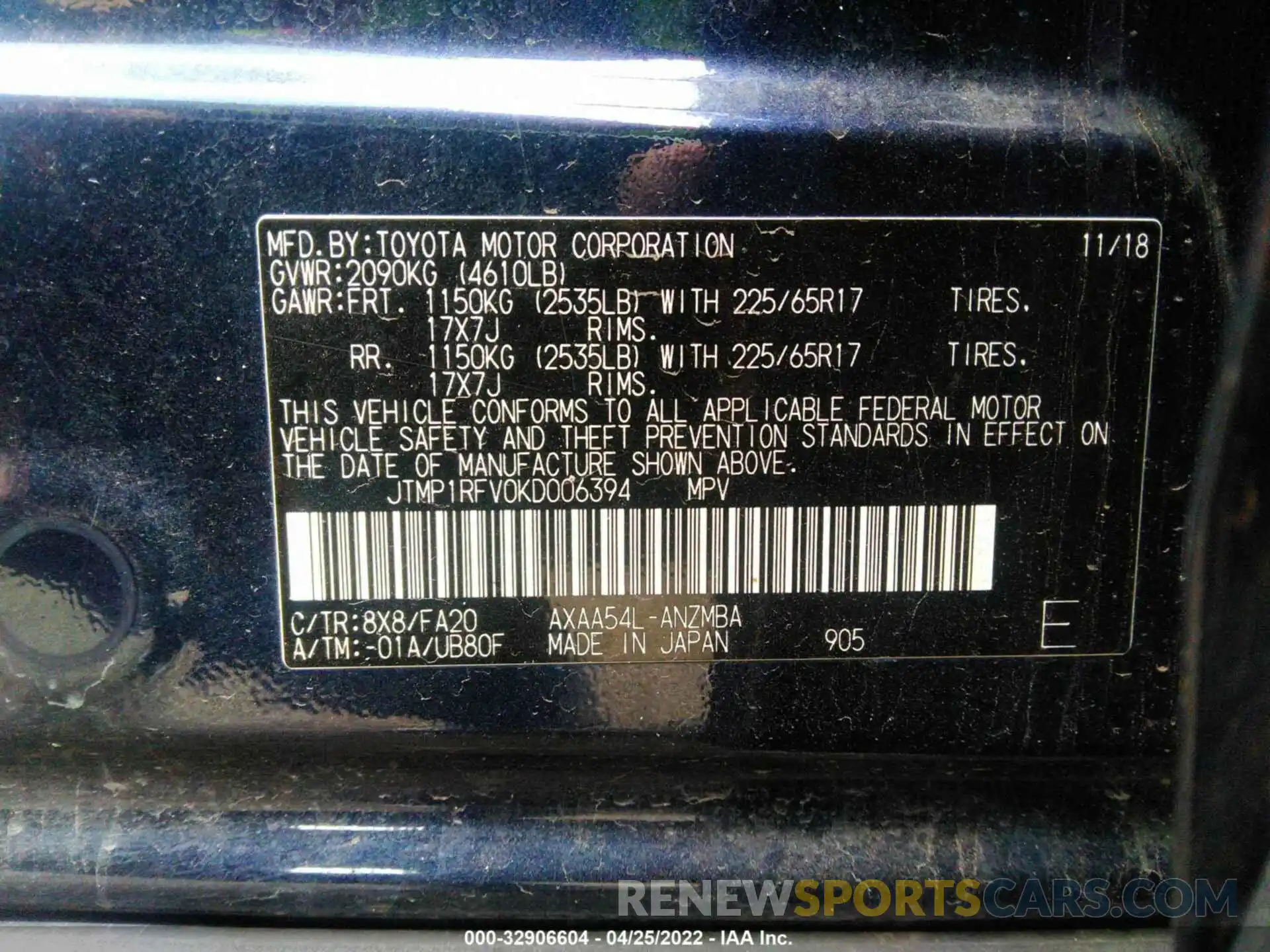 9 Фотография поврежденного автомобиля JTMP1RFV0KD006394 TOYOTA RAV4 2019