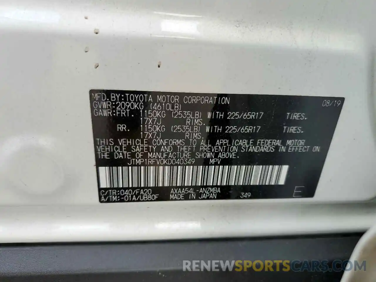 10 Photograph of a damaged car JTMP1RFV0KD040349 TOYOTA RAV4 2019