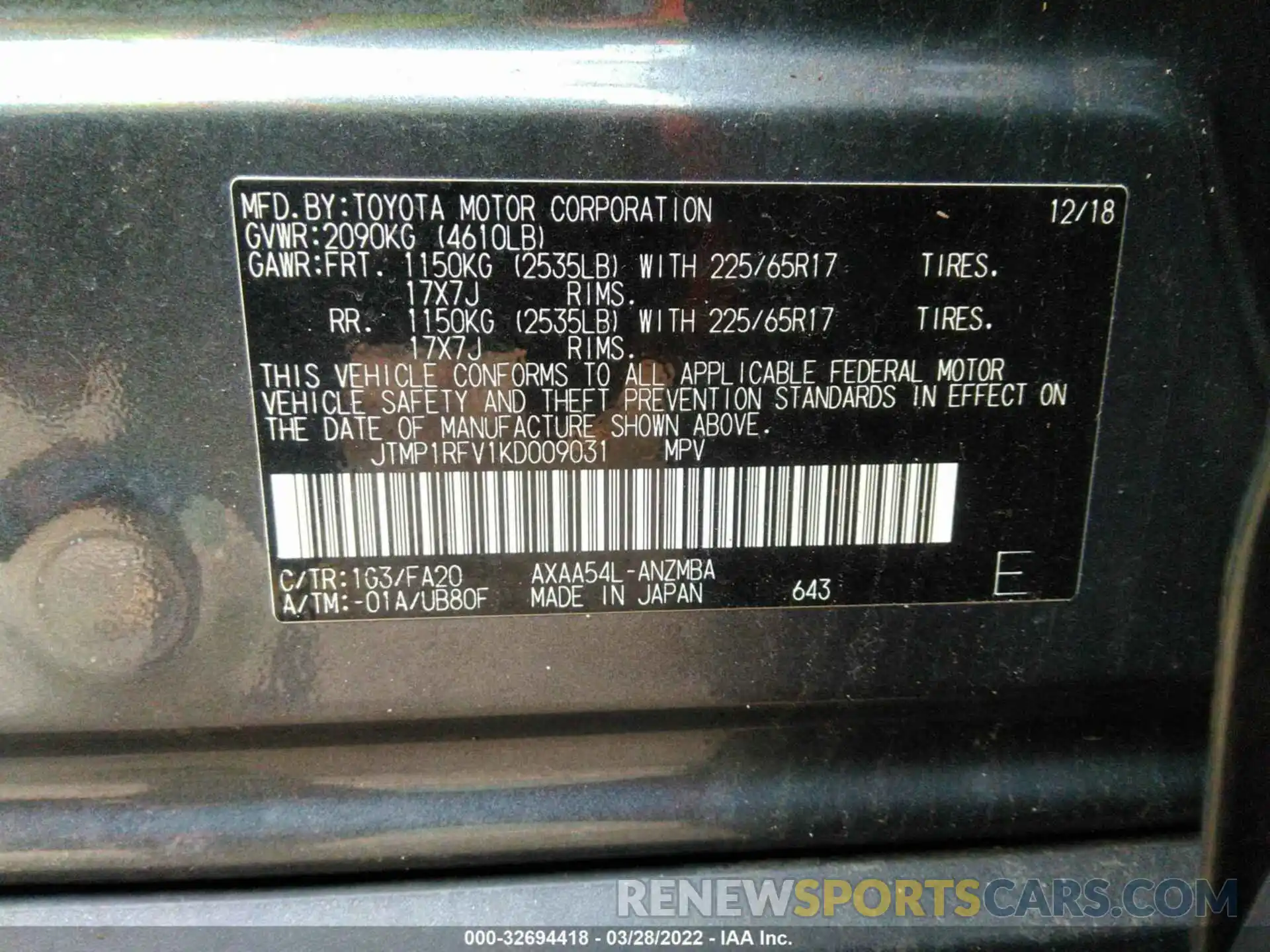 9 Фотография поврежденного автомобиля JTMP1RFV1KD009031 TOYOTA RAV4 2019