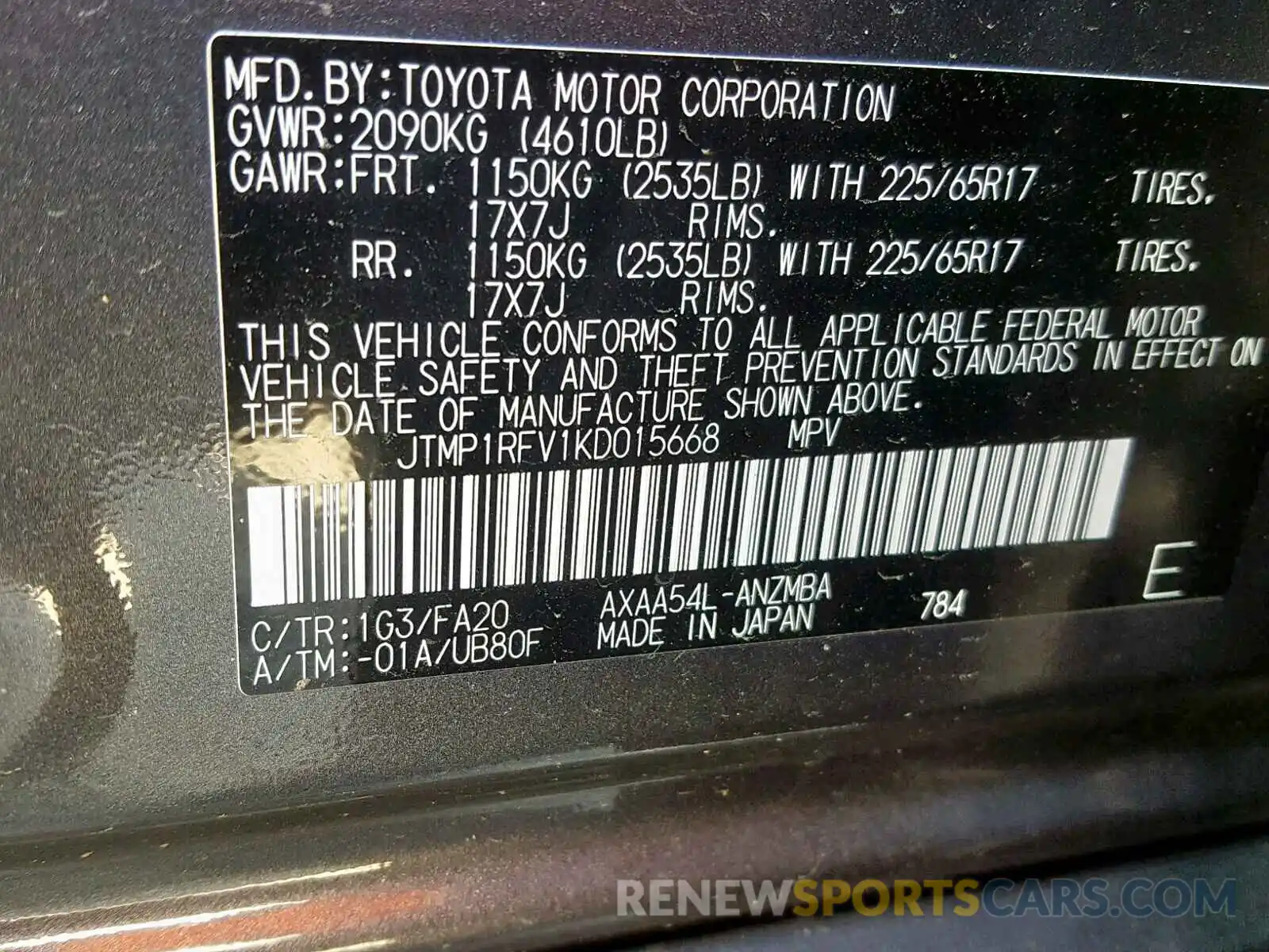 10 Фотография поврежденного автомобиля JTMP1RFV1KD015668 TOYOTA RAV4 2019