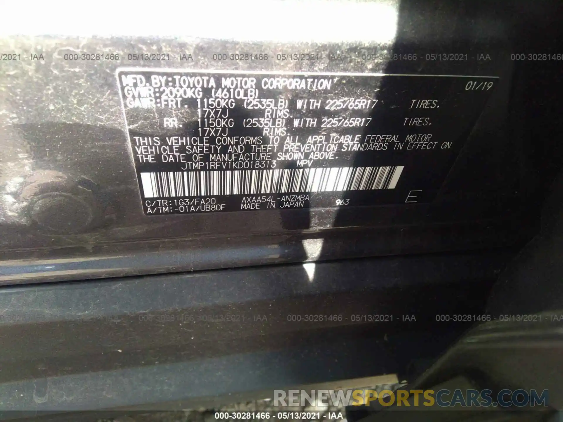 9 Фотография поврежденного автомобиля JTMP1RFV1KD018313 TOYOTA RAV4 2019