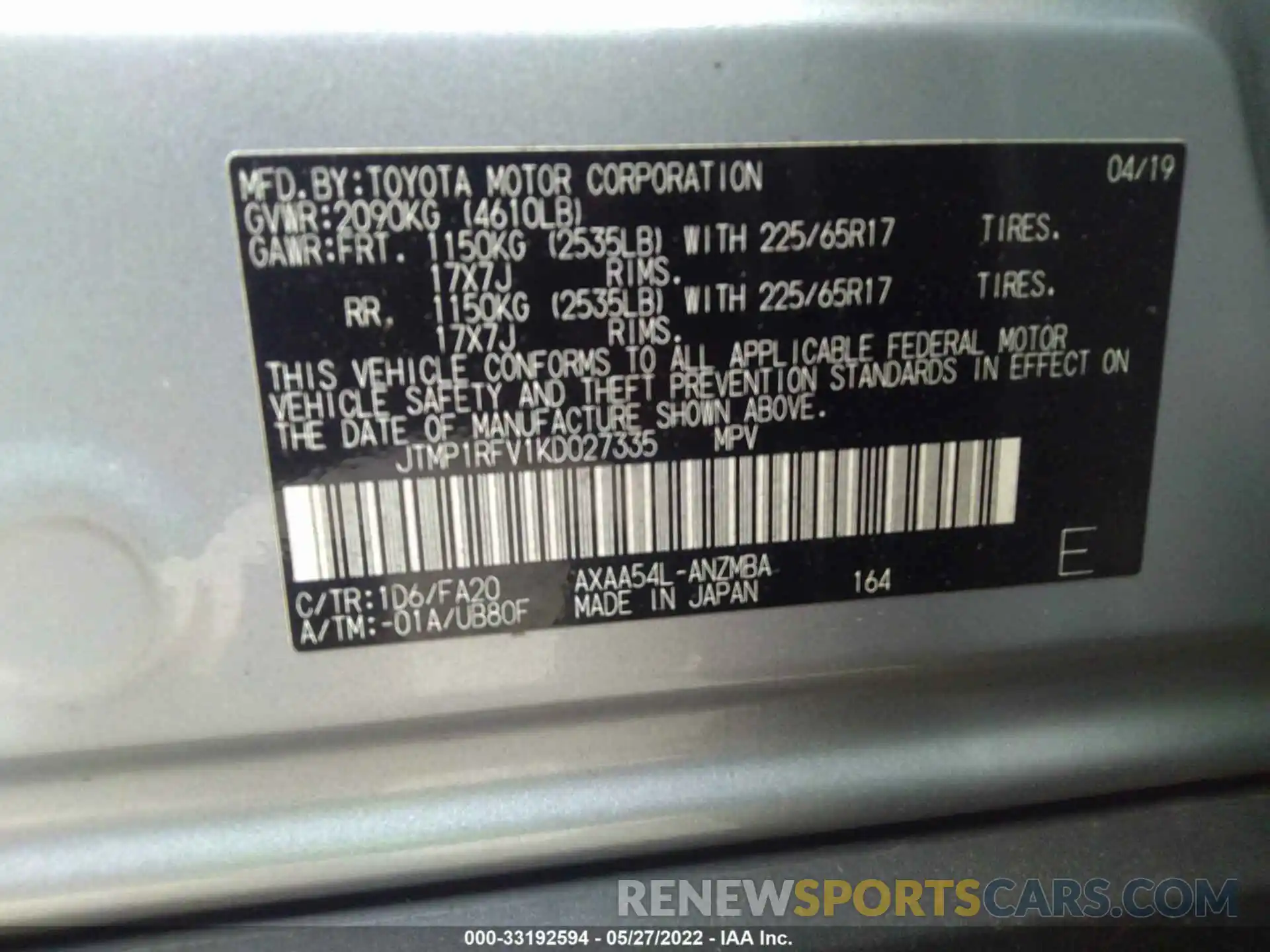 9 Фотография поврежденного автомобиля JTMP1RFV1KD027335 TOYOTA RAV4 2019