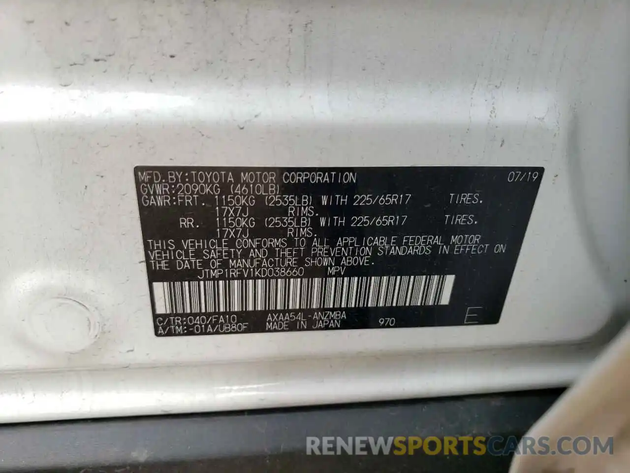 10 Photograph of a damaged car JTMP1RFV1KD038660 TOYOTA RAV4 2019