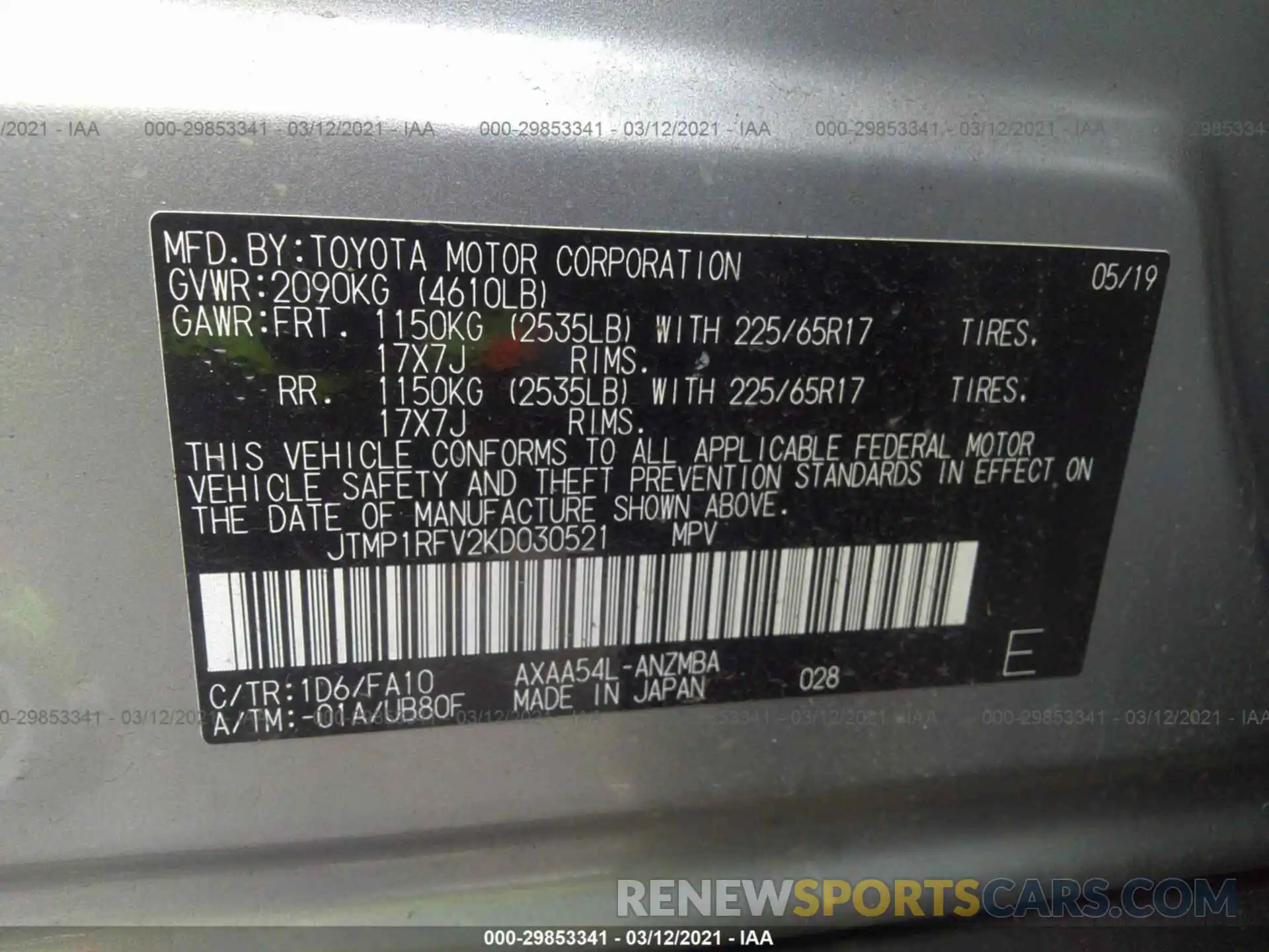 9 Фотография поврежденного автомобиля JTMP1RFV2KD030521 TOYOTA RAV4 2019