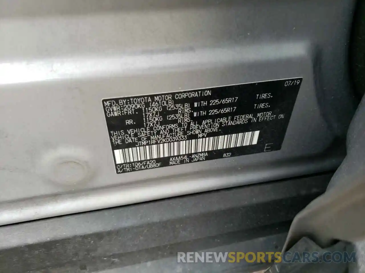 10 Photograph of a damaged car JTMP1RFV2KD039333 TOYOTA RAV4 2019