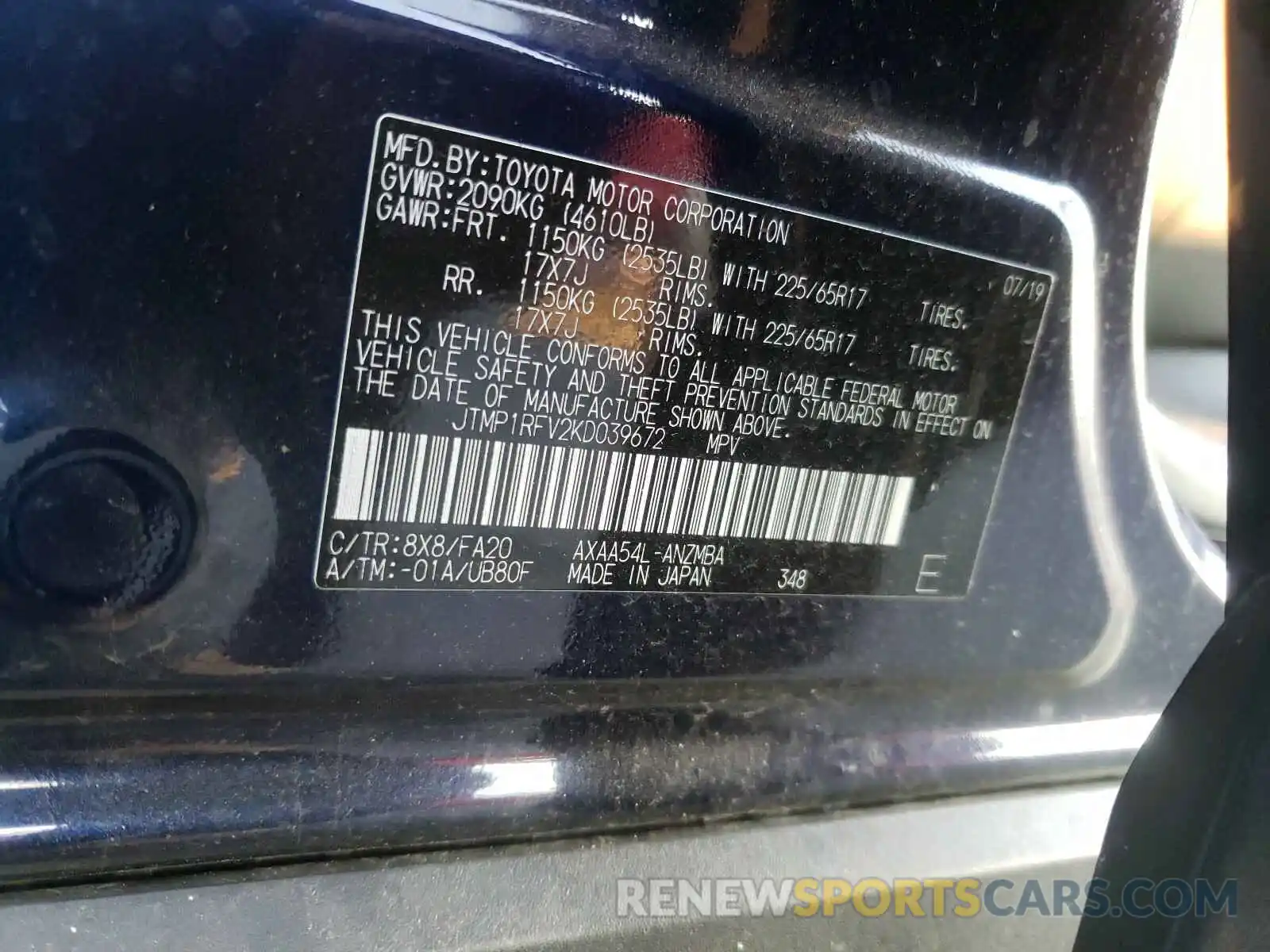 10 Photograph of a damaged car JTMP1RFV2KD039672 TOYOTA RAV4 2019