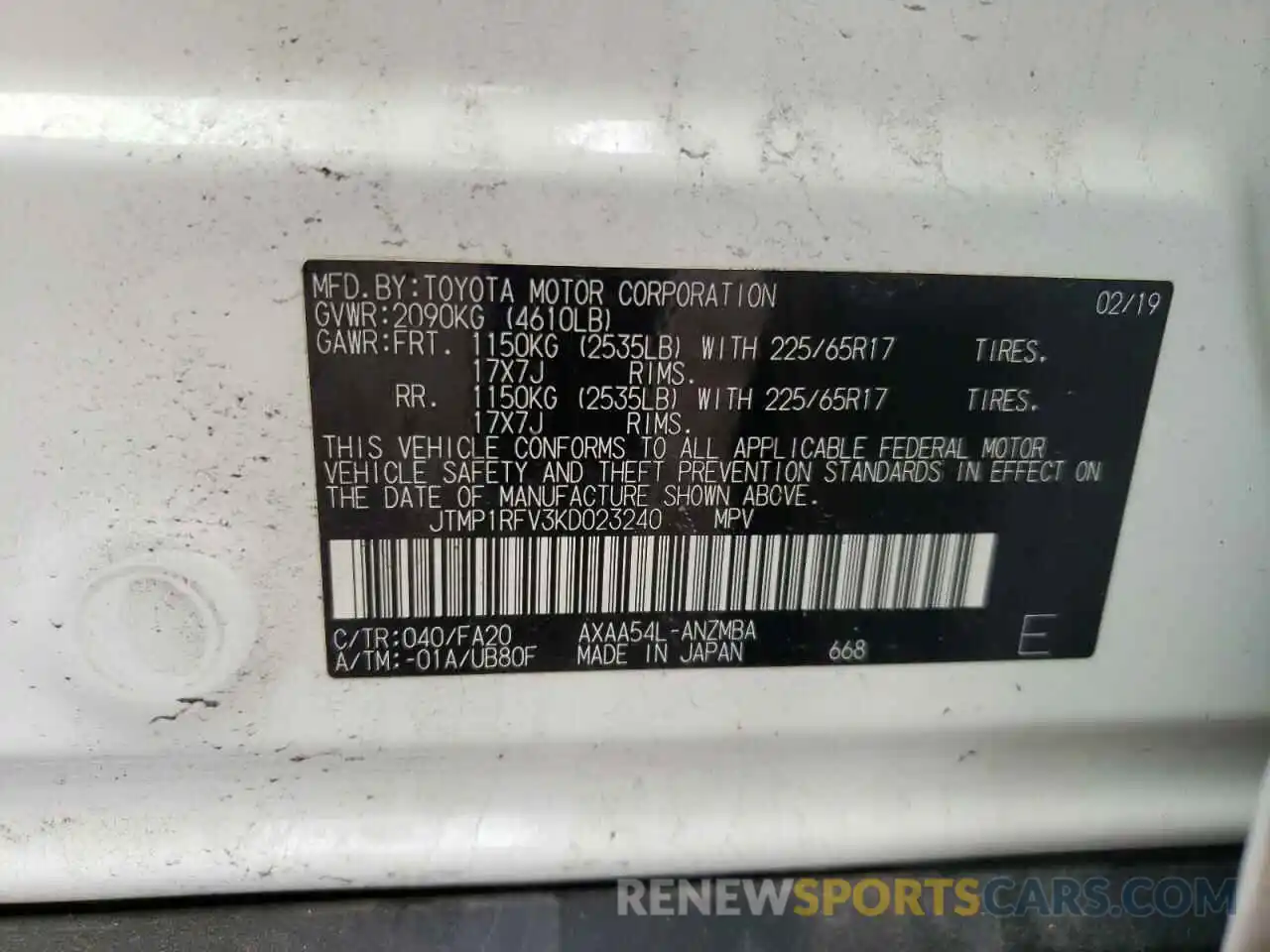 10 Photograph of a damaged car JTMP1RFV3KD023240 TOYOTA RAV4 2019