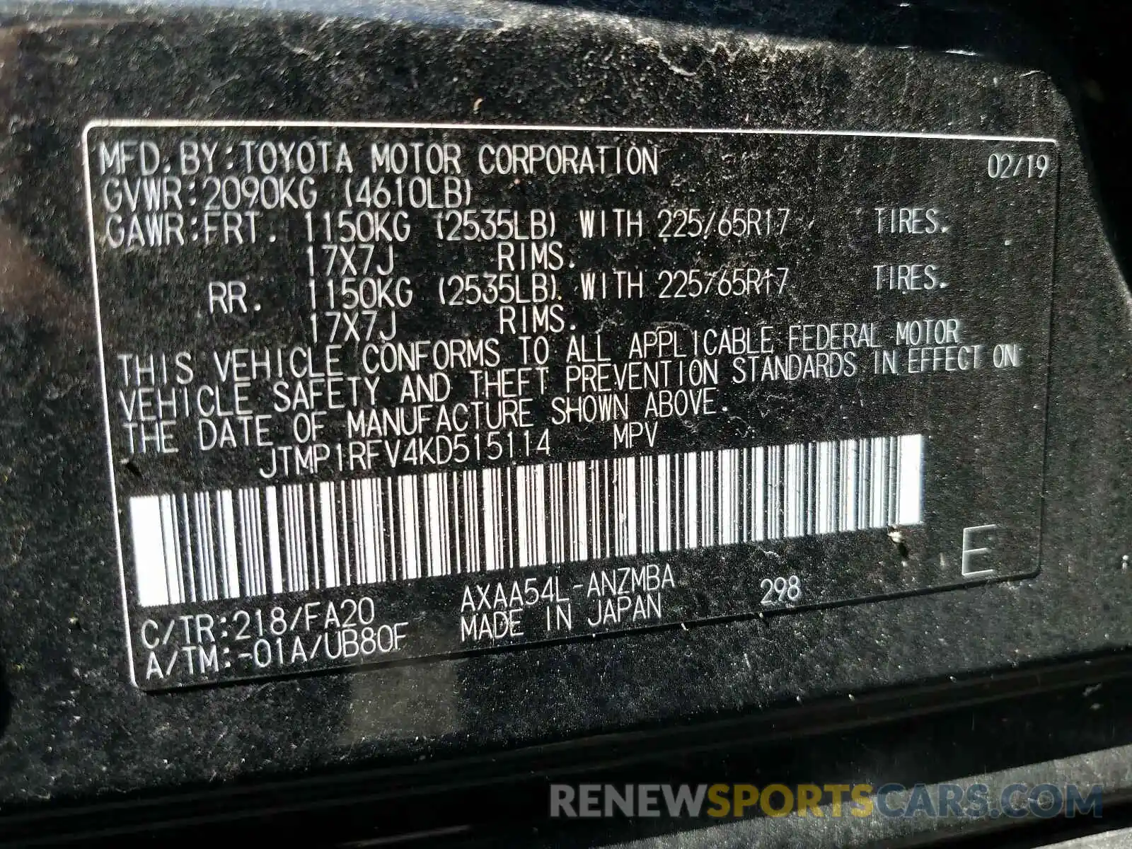 10 Фотография поврежденного автомобиля JTMP1RFV4KD515114 TOYOTA RAV4 2019