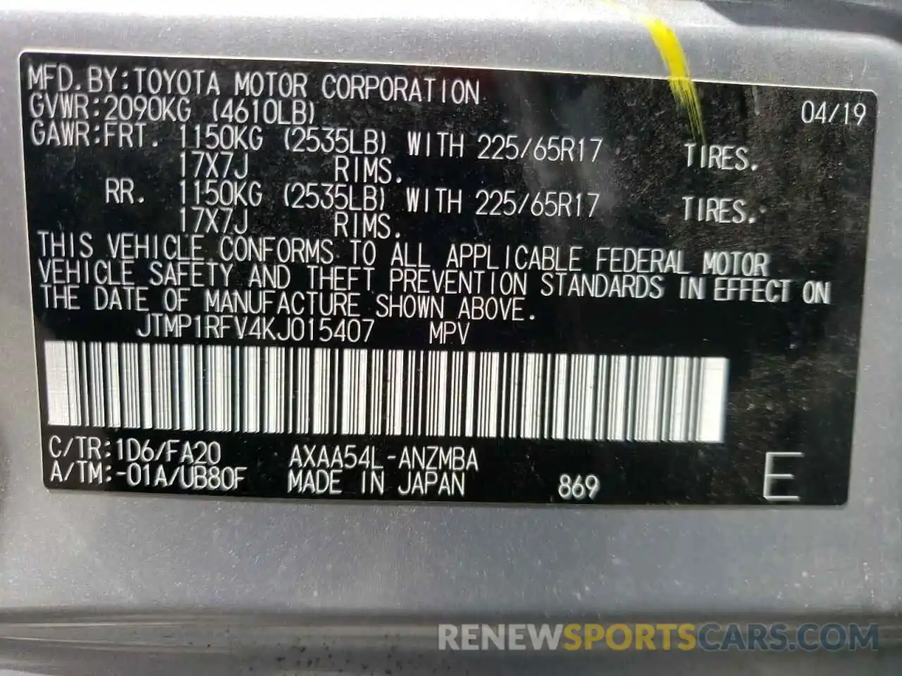 10 Фотография поврежденного автомобиля JTMP1RFV4KJ015407 TOYOTA RAV4 2019