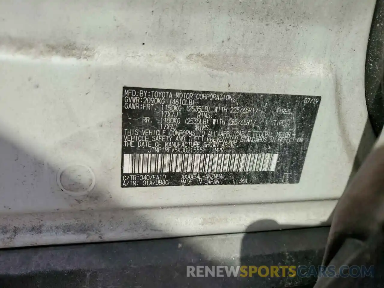 13 Photograph of a damaged car JTMP1RFV5KJ021555 TOYOTA RAV4 2019