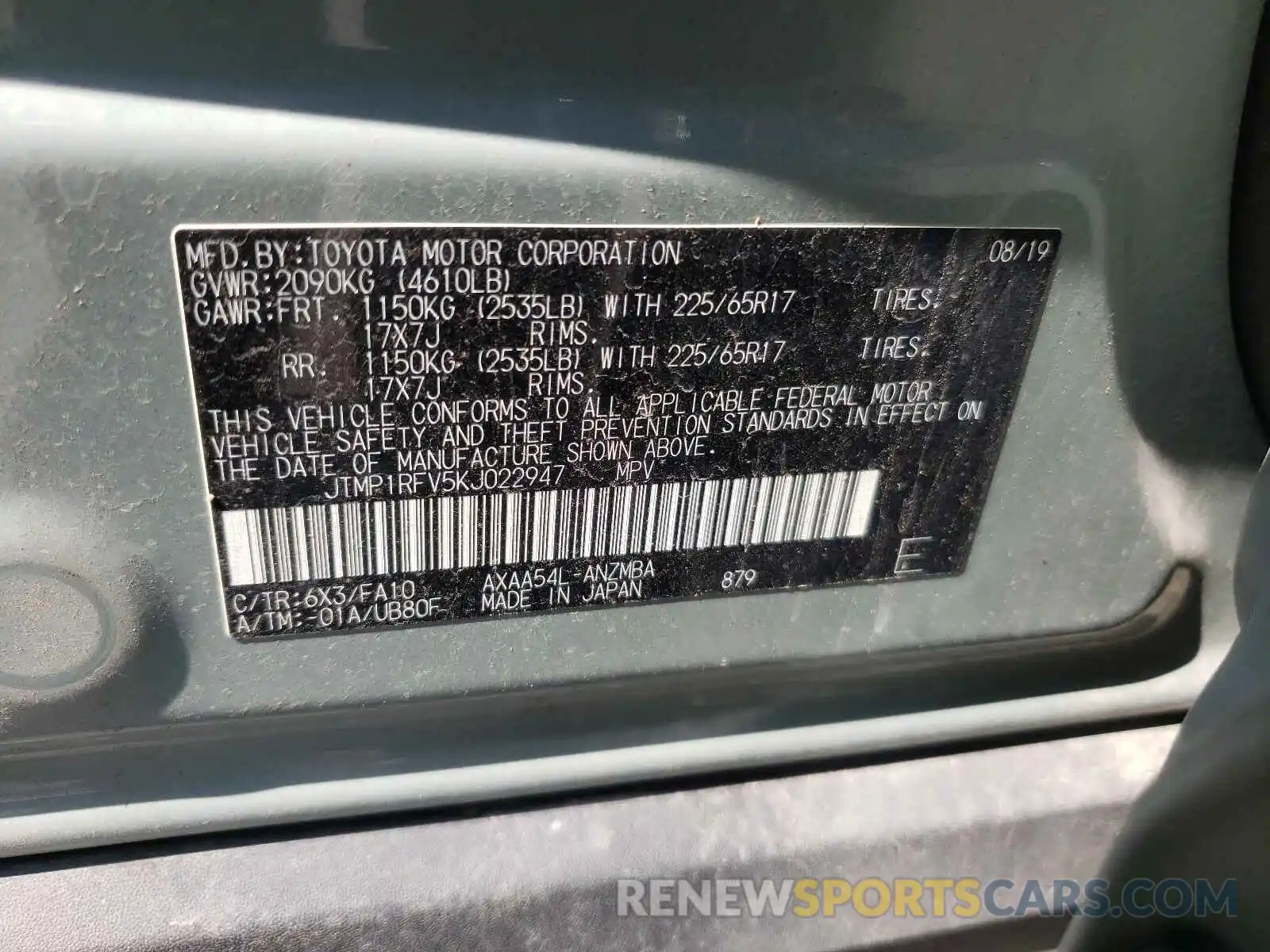 10 Photograph of a damaged car JTMP1RFV5KJ022947 TOYOTA RAV4 2019