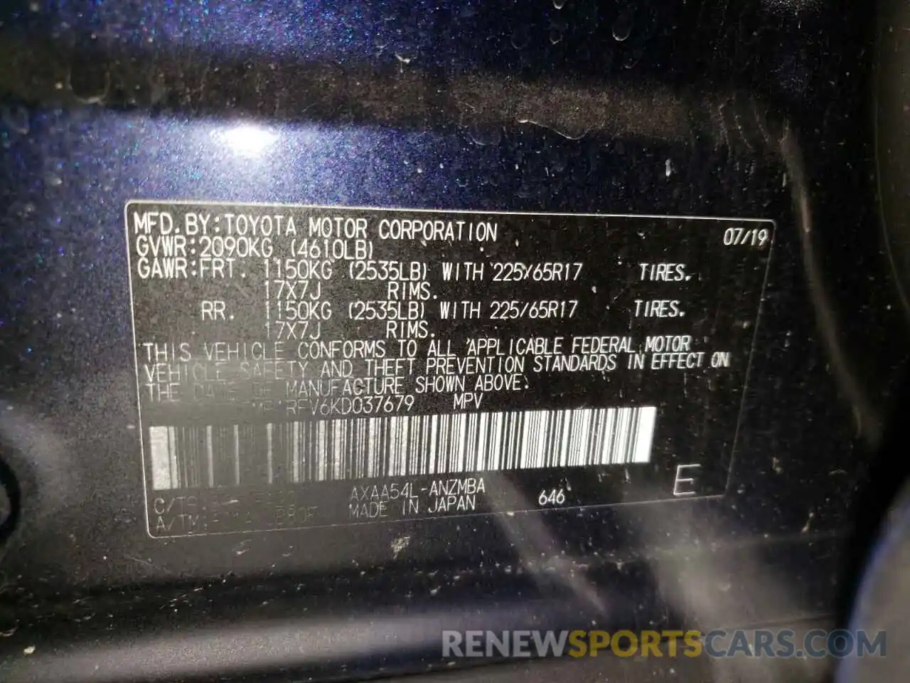 10 Photograph of a damaged car JTMP1RFV6KD037679 TOYOTA RAV4 2019