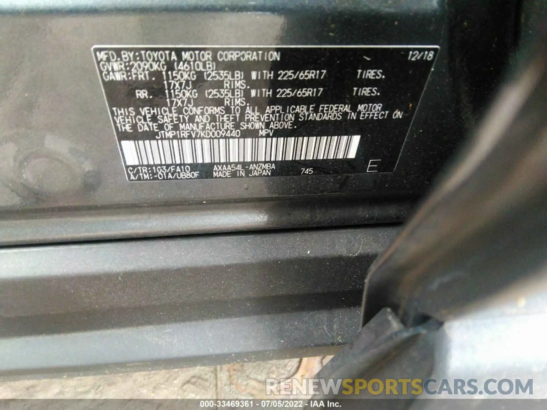 9 Фотография поврежденного автомобиля JTMP1RFV7KD009440 TOYOTA RAV4 2019