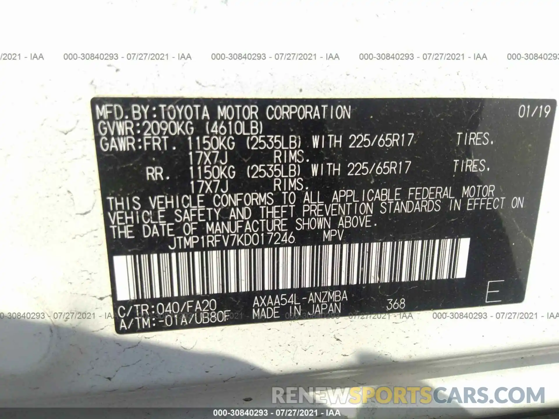 9 Фотография поврежденного автомобиля JTMP1RFV7KD017246 TOYOTA RAV4 2019