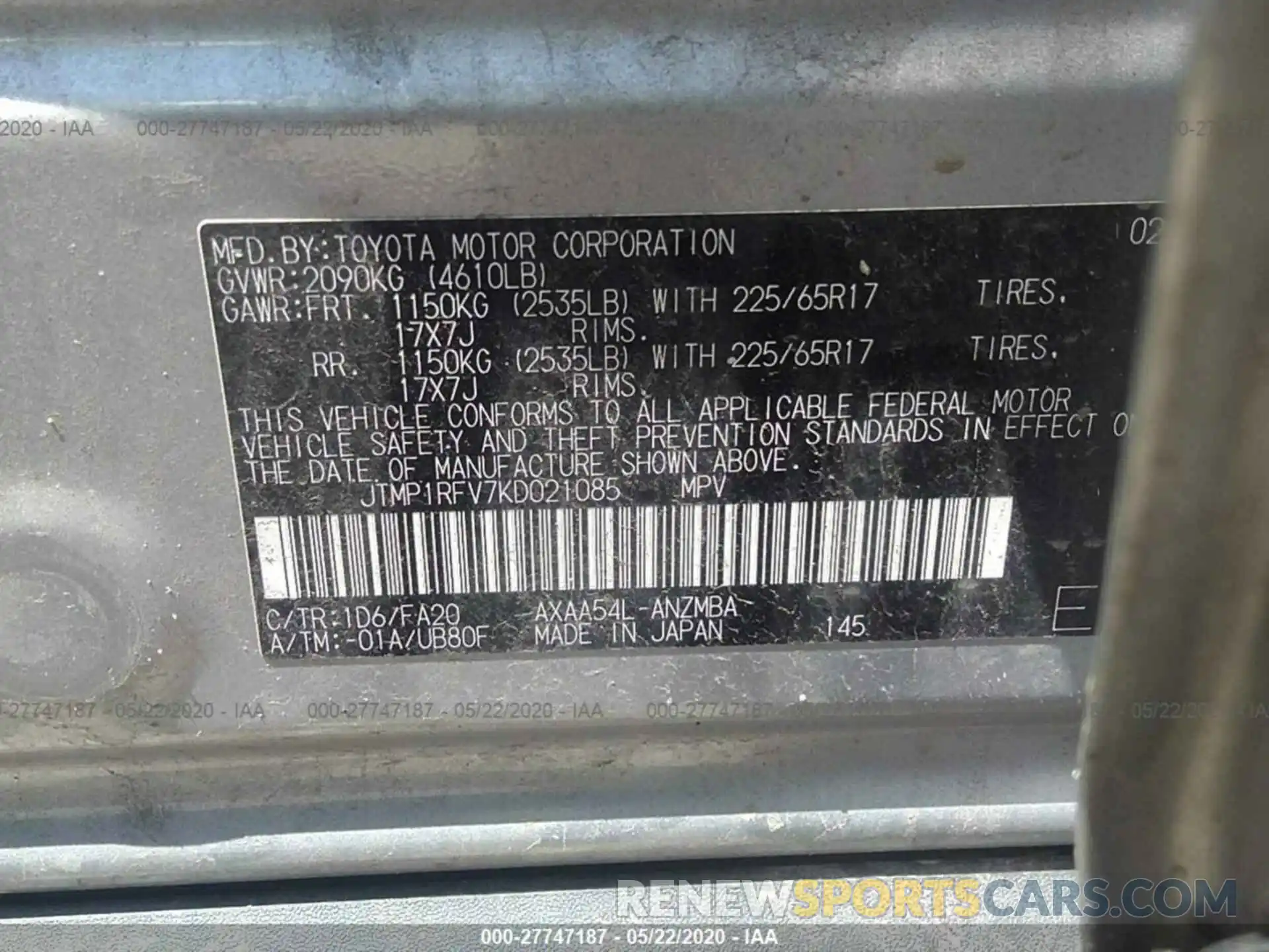 9 Фотография поврежденного автомобиля JTMP1RFV7KD021085 TOYOTA RAV4 2019