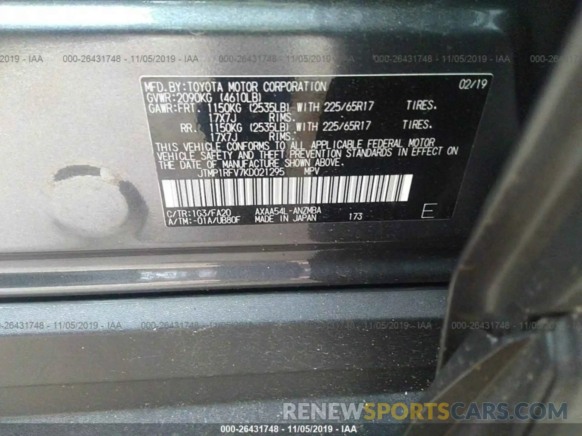 9 Фотография поврежденного автомобиля JTMP1RFV7KD021295 TOYOTA RAV4 2019