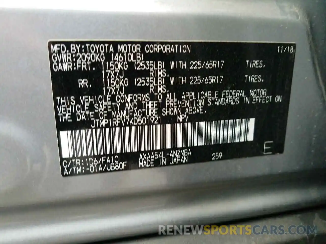 10 Фотография поврежденного автомобиля JTMP1RFV7KD501921 TOYOTA RAV4 2019