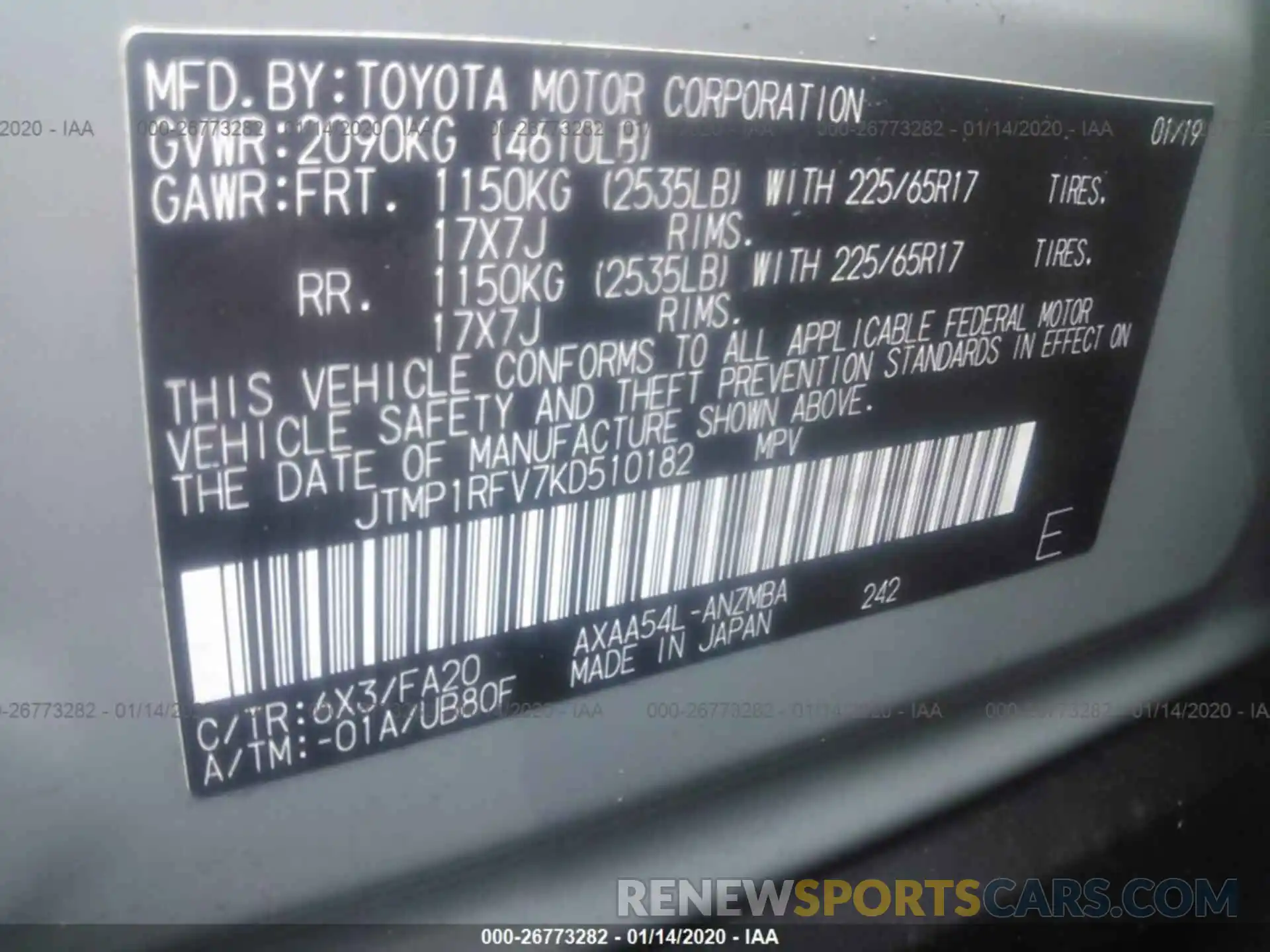 9 Фотография поврежденного автомобиля JTMP1RFV7KD510182 TOYOTA RAV4 2019