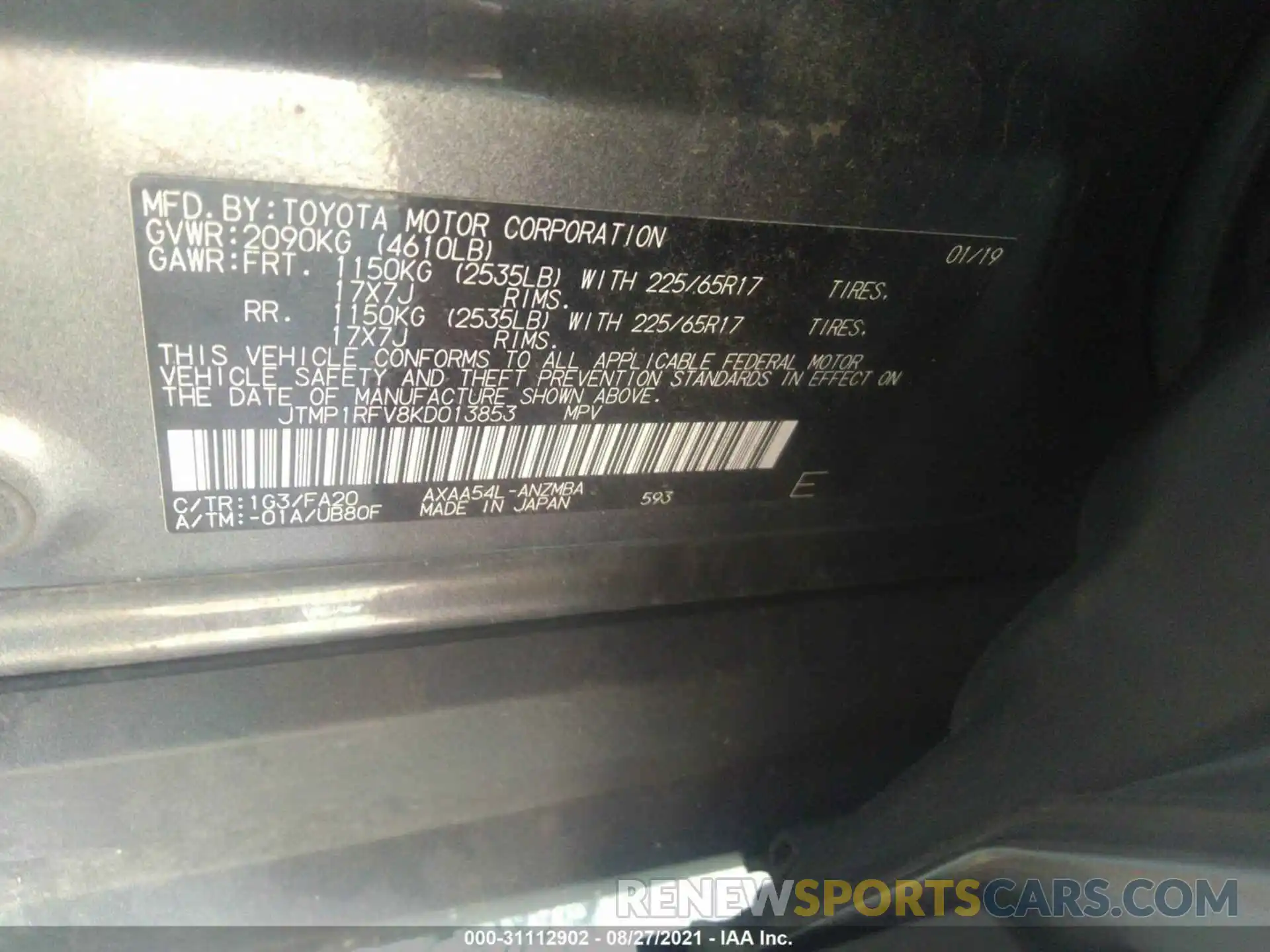 9 Фотография поврежденного автомобиля JTMP1RFV8KD013853 TOYOTA RAV4 2019