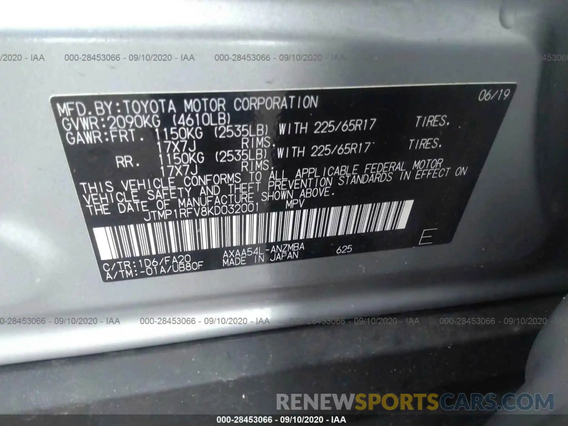 8 Фотография поврежденного автомобиля JTMP1RFV8KD032001 TOYOTA RAV4 2019