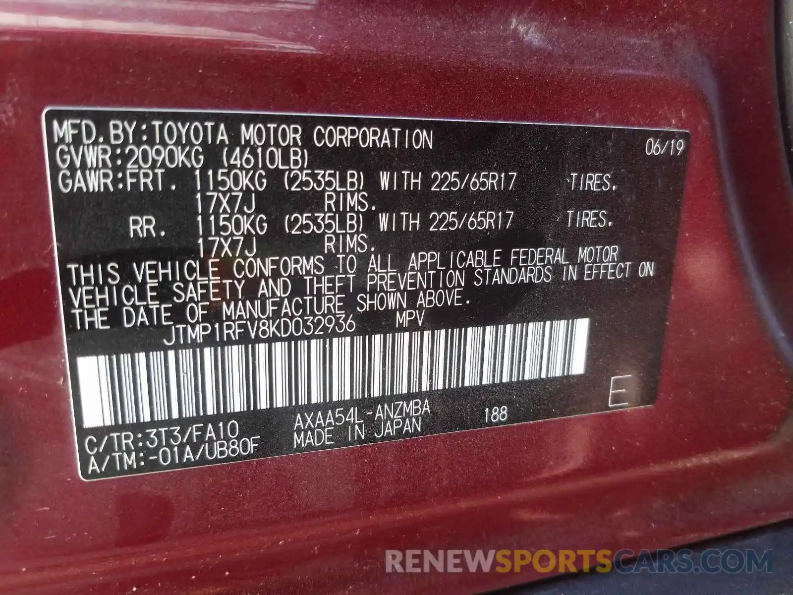 10 Фотография поврежденного автомобиля JTMP1RFV8KD032936 TOYOTA RAV4 2019