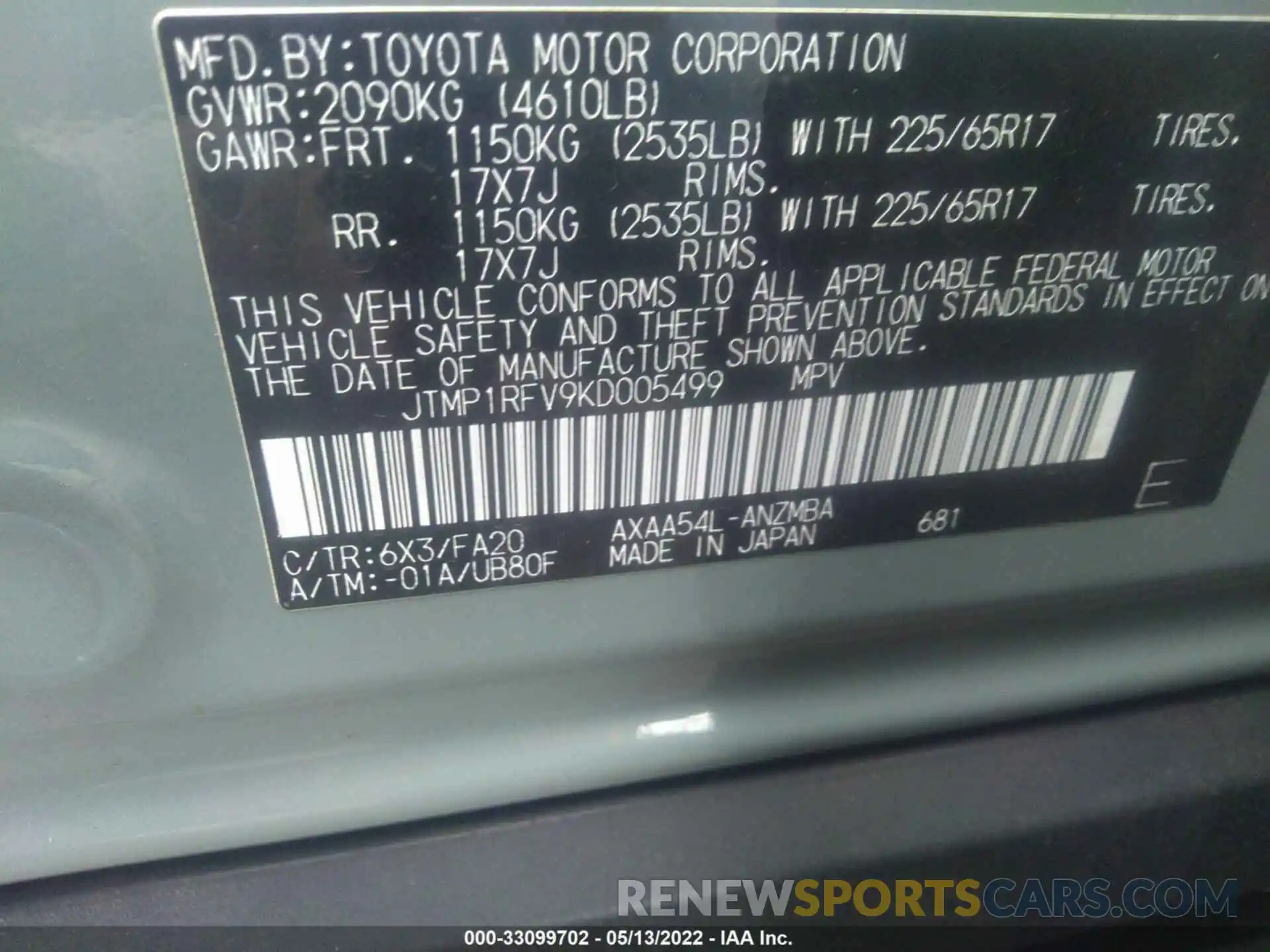 9 Фотография поврежденного автомобиля JTMP1RFV9KD005499 TOYOTA RAV4 2019