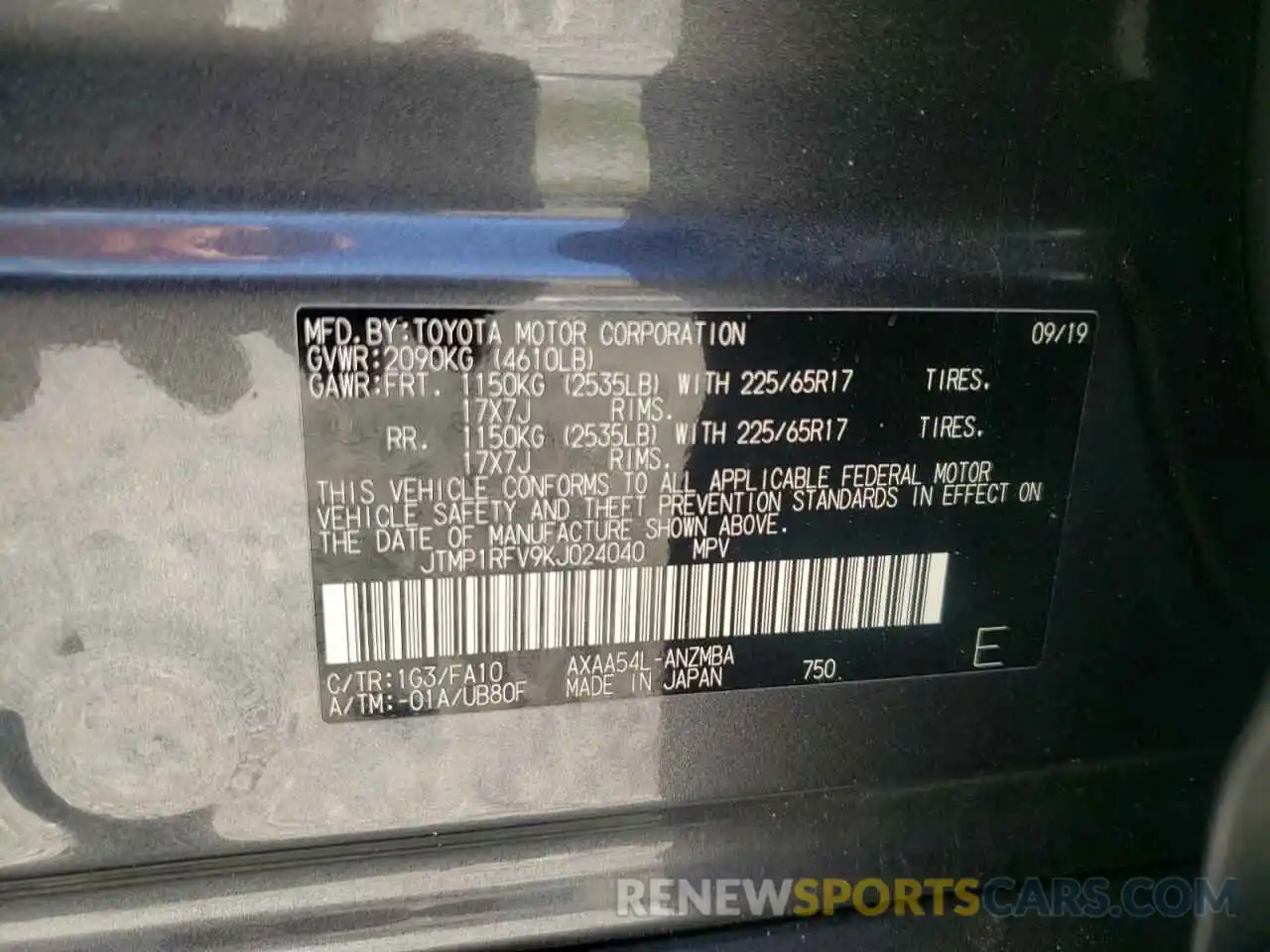 10 Photograph of a damaged car JTMP1RFV9KJ024040 TOYOTA RAV4 2019