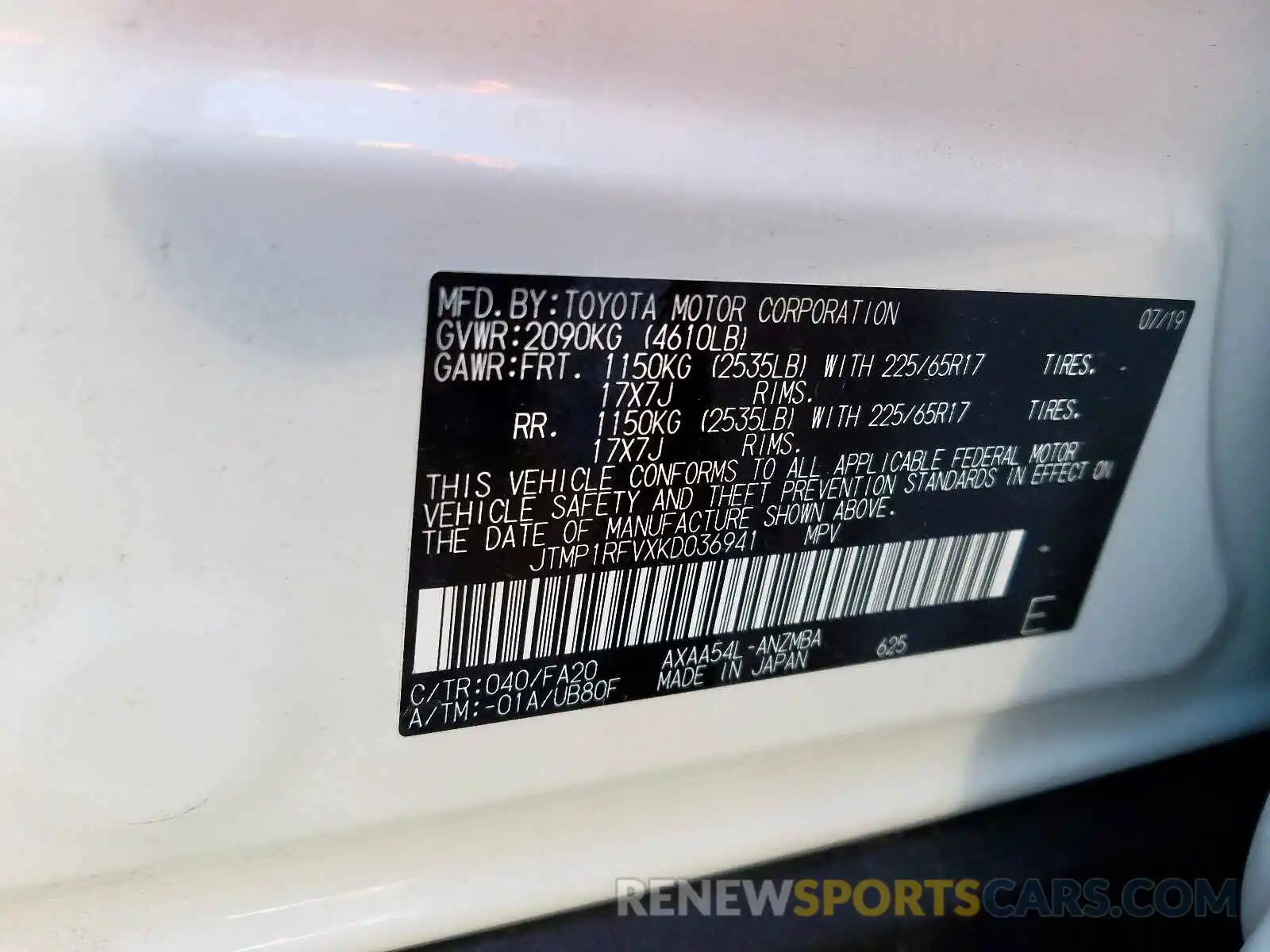 10 Photograph of a damaged car JTMP1RFVXKD036941 TOYOTA RAV4 2019