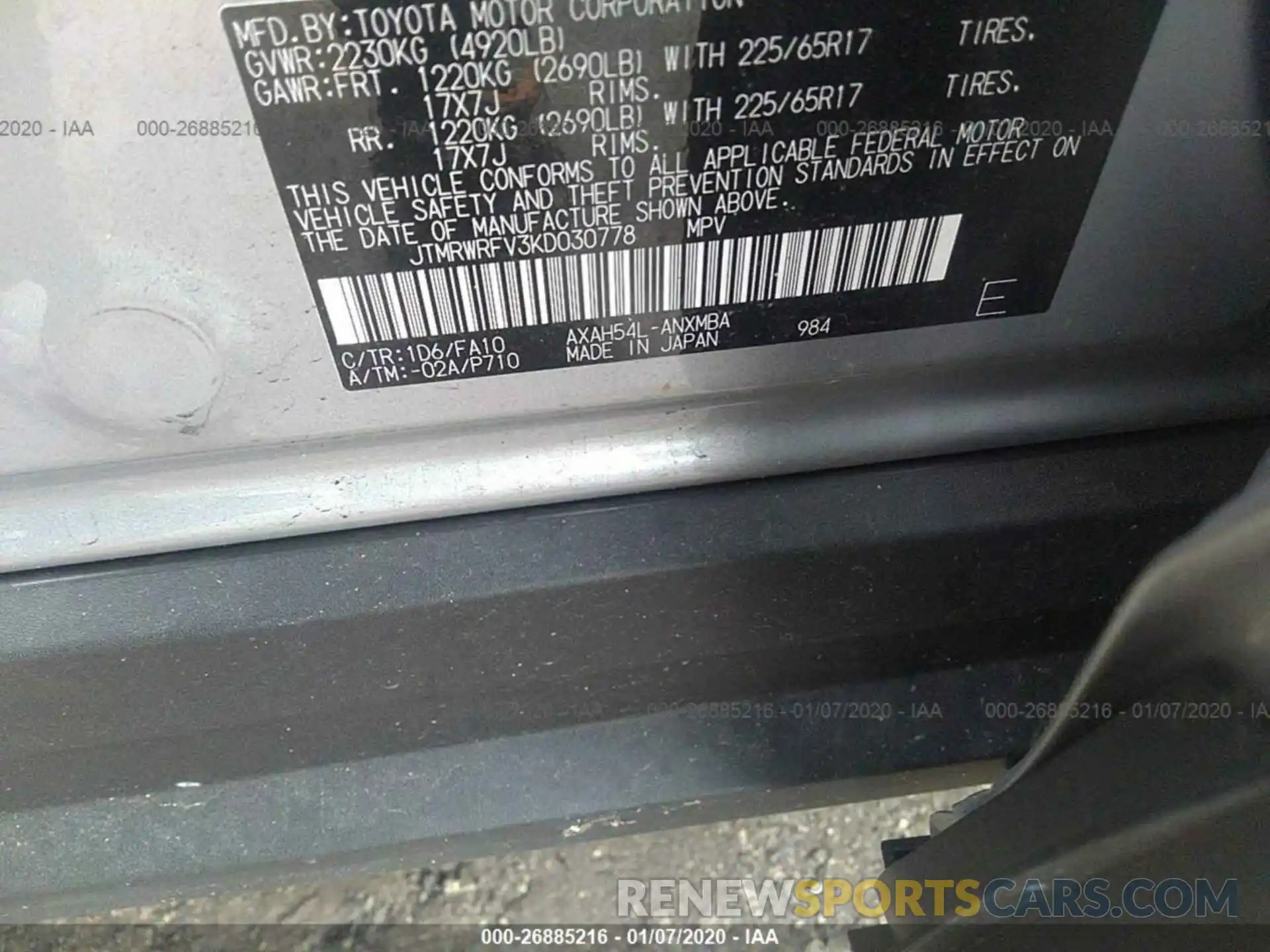 9 Фотография поврежденного автомобиля JTMRWRFV3KD030778 TOYOTA RAV4 2019