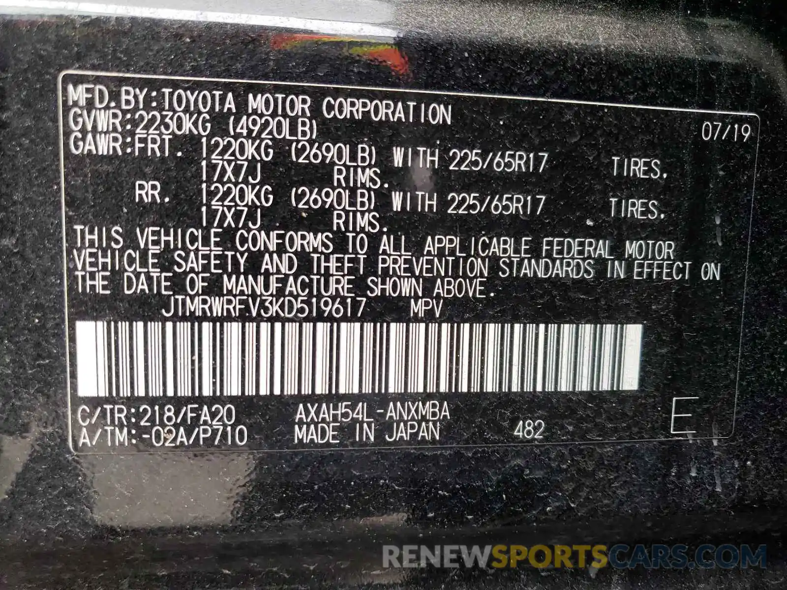 10 Фотография поврежденного автомобиля JTMRWRFV3KD519617 TOYOTA RAV4 2019