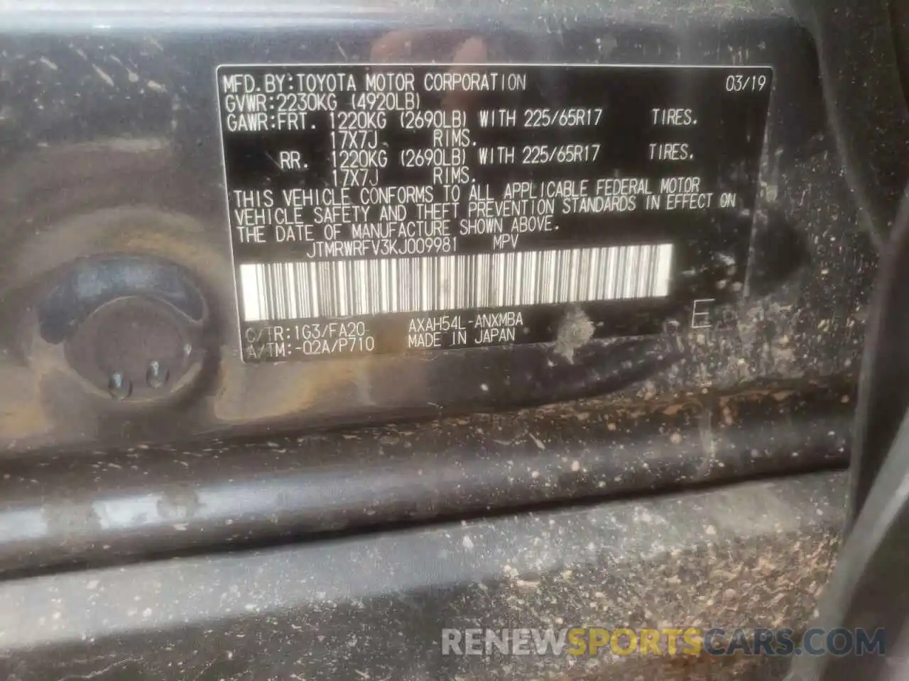 10 Photograph of a damaged car JTMRWRFV3KJ009981 TOYOTA RAV4 2019