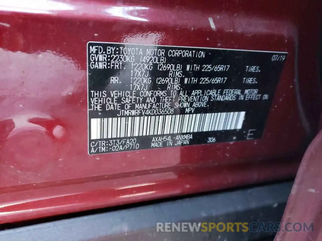 10 Photograph of a damaged car JTMRWRFV4KD036508 TOYOTA RAV4 2019