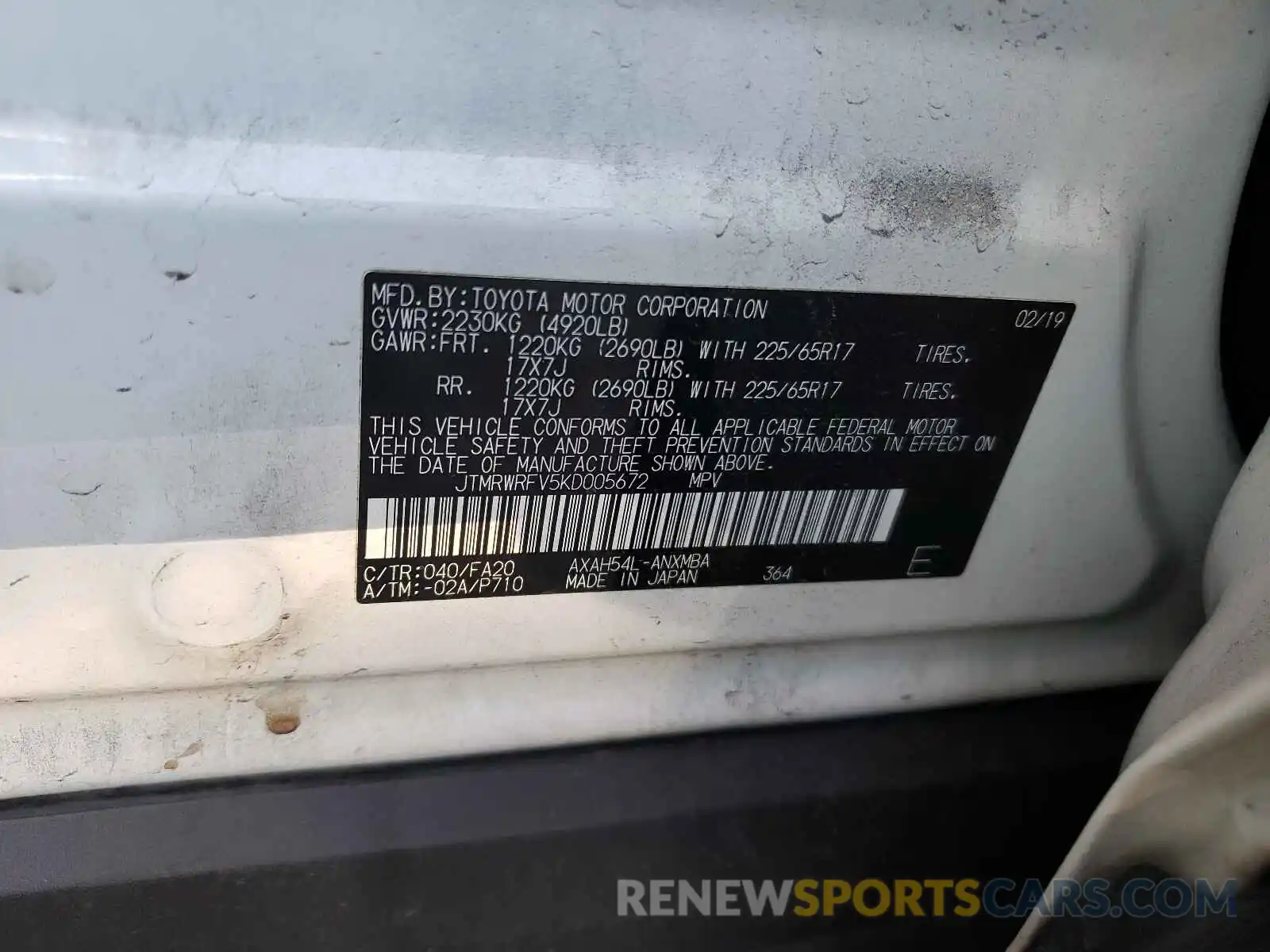 10 Photograph of a damaged car JTMRWRFV5KD005672 TOYOTA RAV4 2019