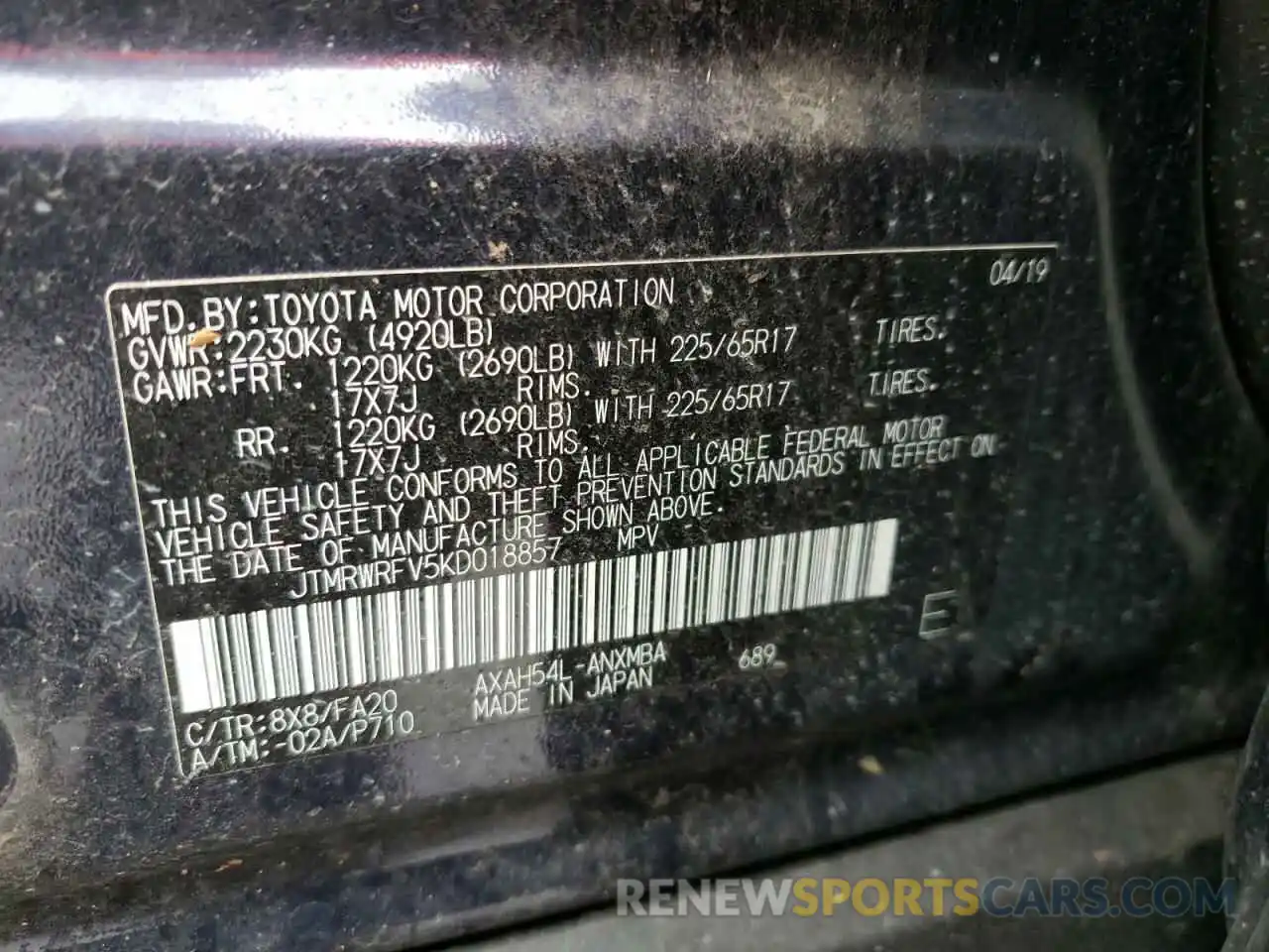 10 Photograph of a damaged car JTMRWRFV5KD018857 TOYOTA RAV4 2019