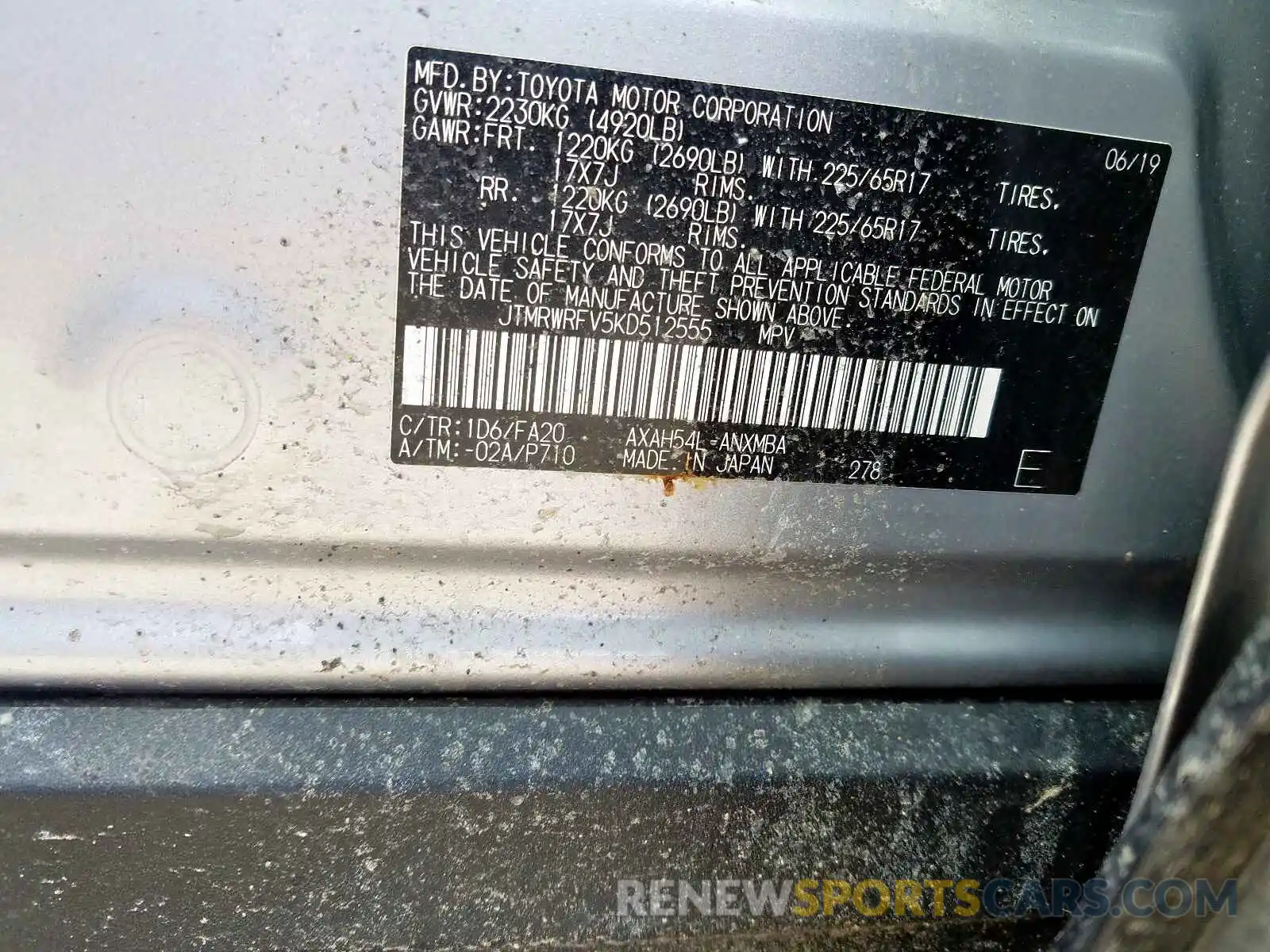 10 Photograph of a damaged car JTMRWRFV5KD512555 TOYOTA RAV4 2019
