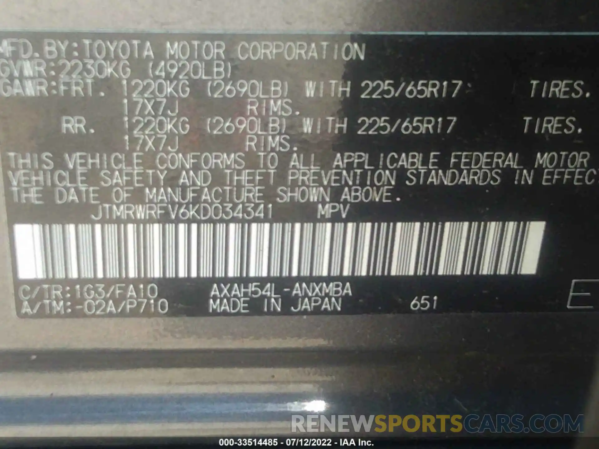 9 Фотография поврежденного автомобиля JTMRWRFV6KD034341 TOYOTA RAV4 2019