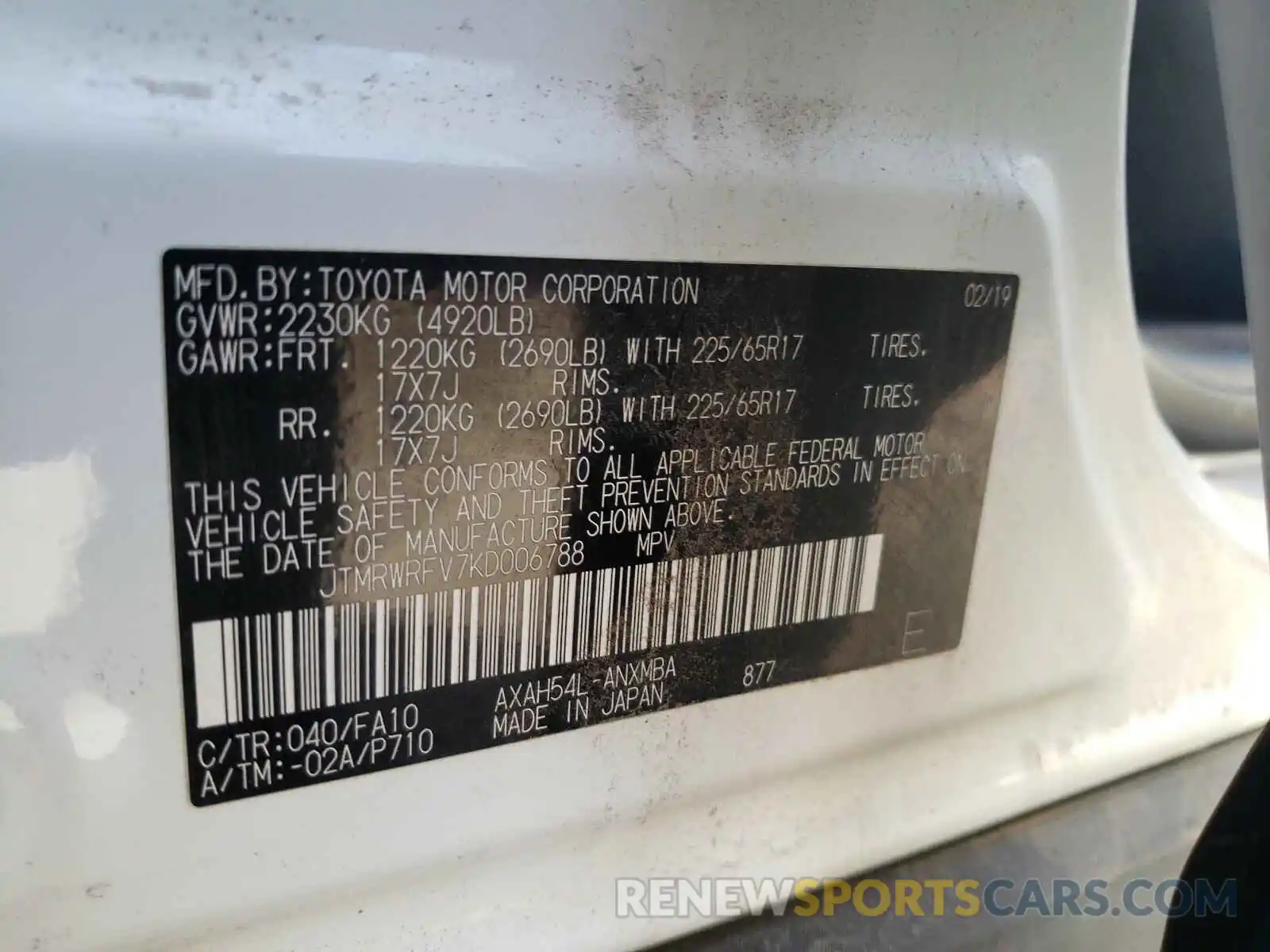 10 Photograph of a damaged car JTMRWRFV7KD006788 TOYOTA RAV4 2019