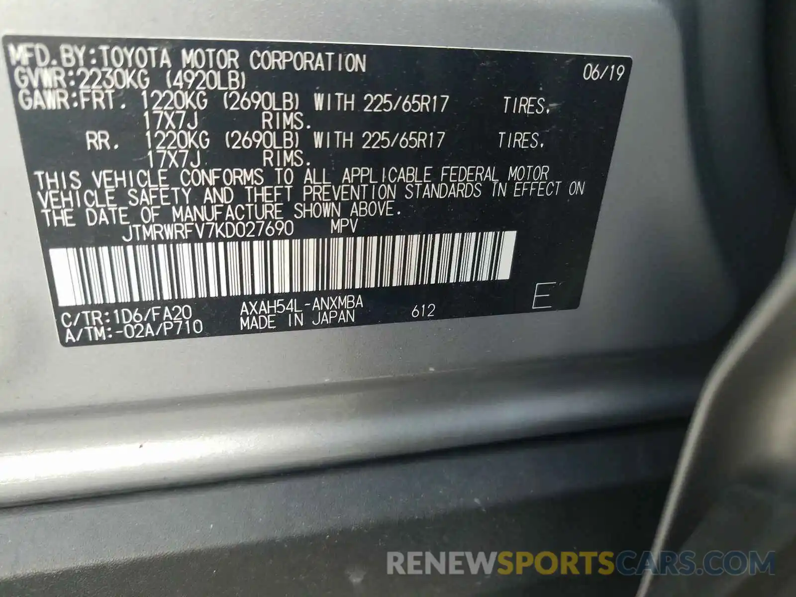 10 Фотография поврежденного автомобиля JTMRWRFV7KD027690 TOYOTA RAV4 2019