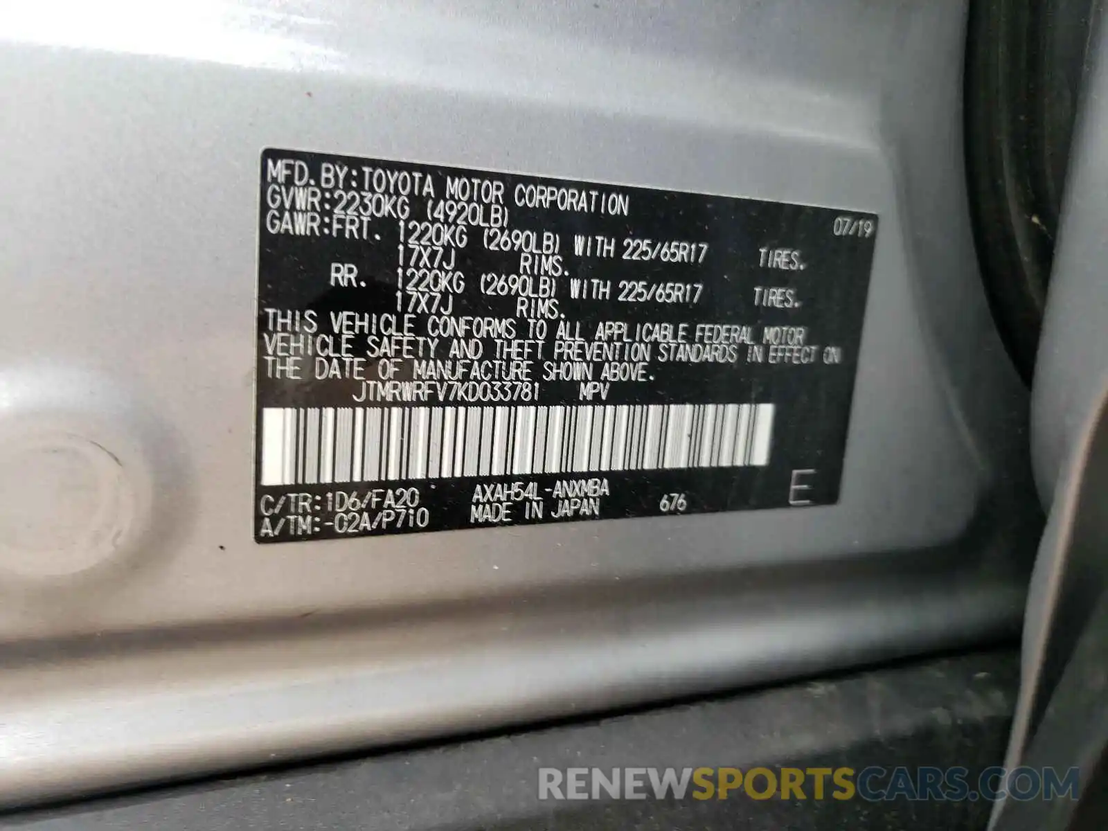 10 Фотография поврежденного автомобиля JTMRWRFV7KD033781 TOYOTA RAV4 2019