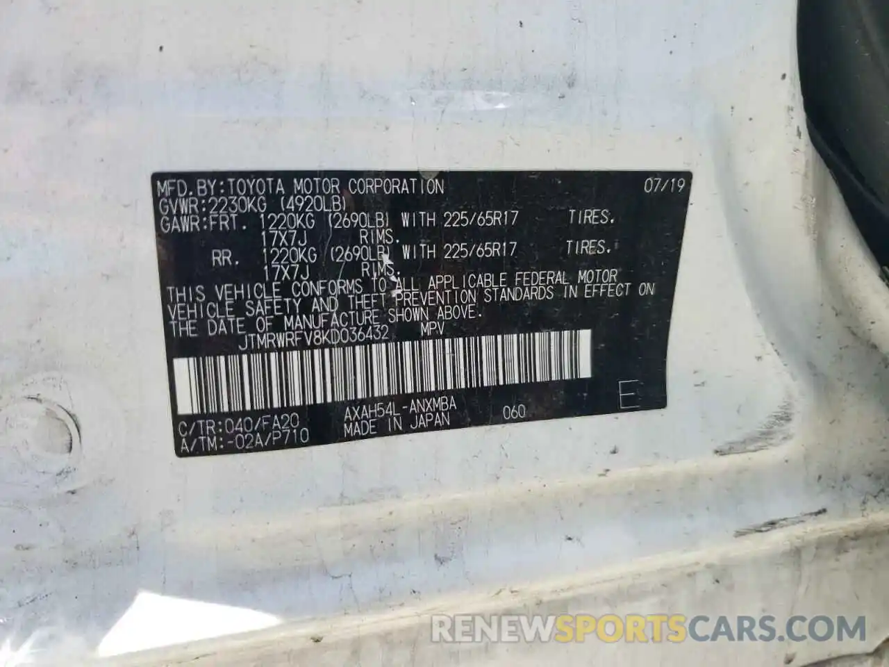 10 Photograph of a damaged car JTMRWRFV8KD036432 TOYOTA RAV4 2019