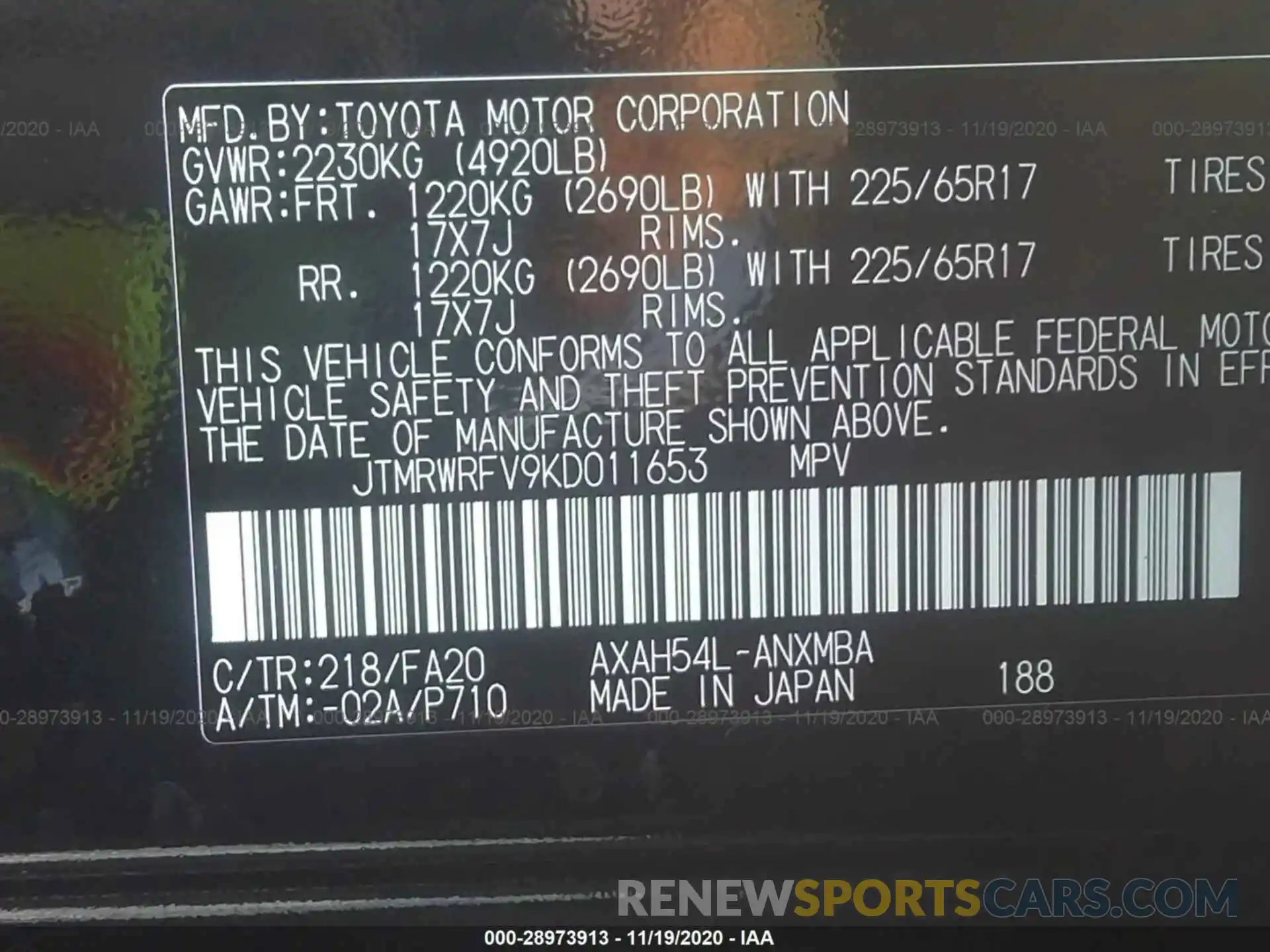 9 Фотография поврежденного автомобиля JTMRWRFV9KD011653 TOYOTA RAV4 2019