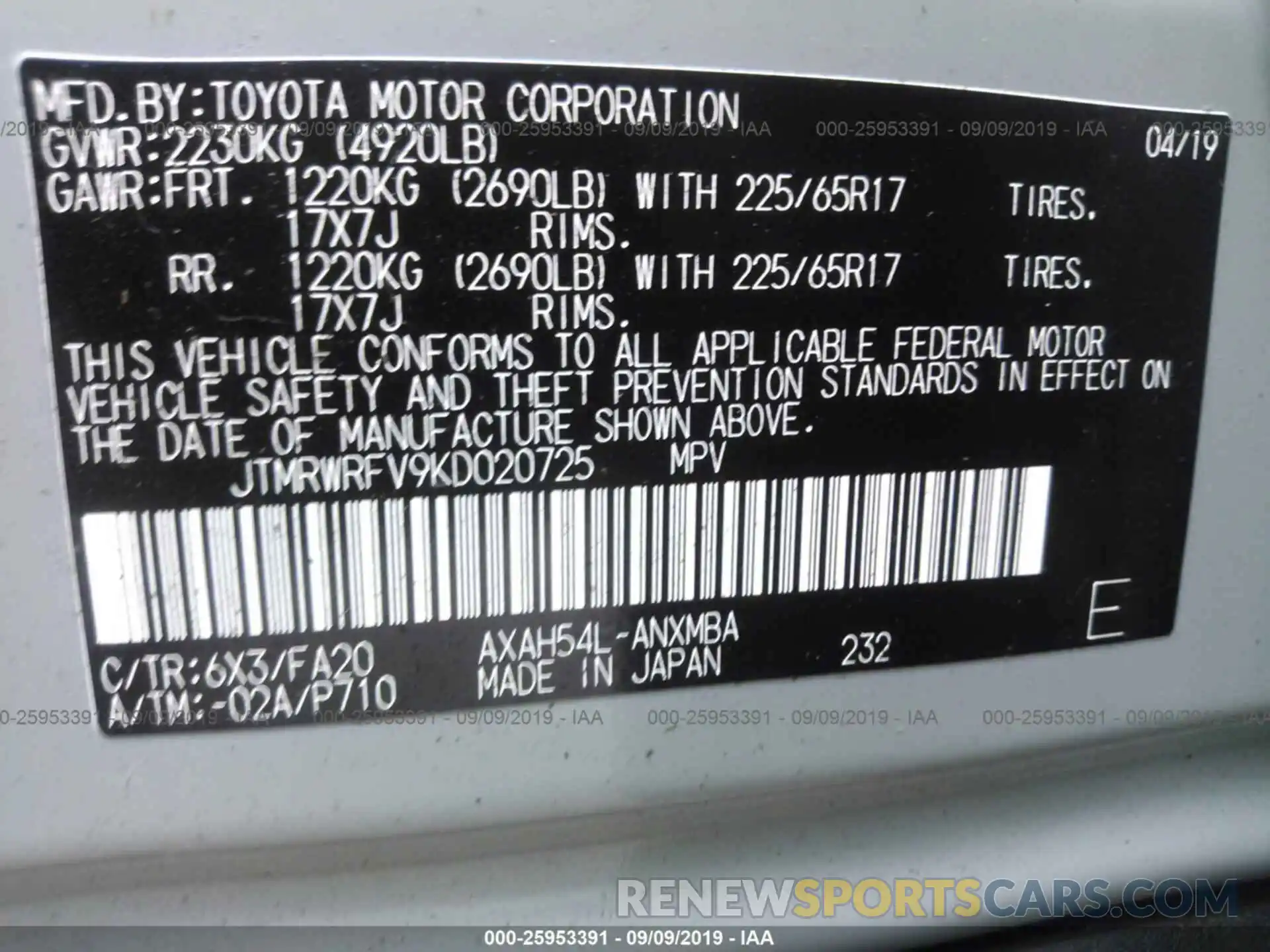 9 Фотография поврежденного автомобиля JTMRWRFV9KD020725 TOYOTA RAV4 2019