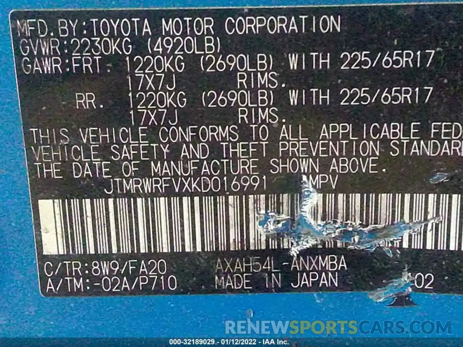 9 Фотография поврежденного автомобиля JTMRWRFVXKD016991 TOYOTA RAV4 2019