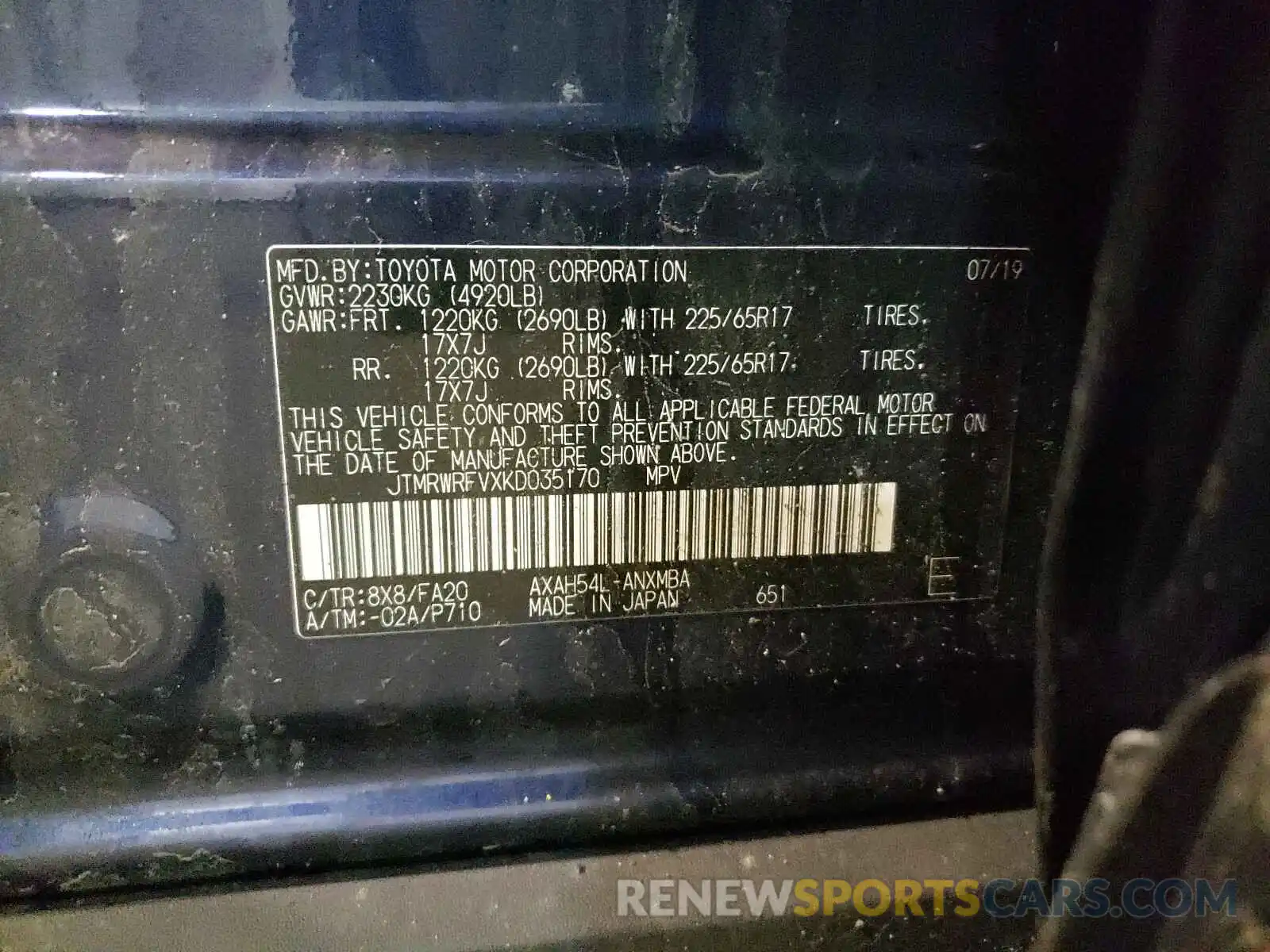 10 Photograph of a damaged car JTMRWRFVXKD035170 TOYOTA RAV4 2019