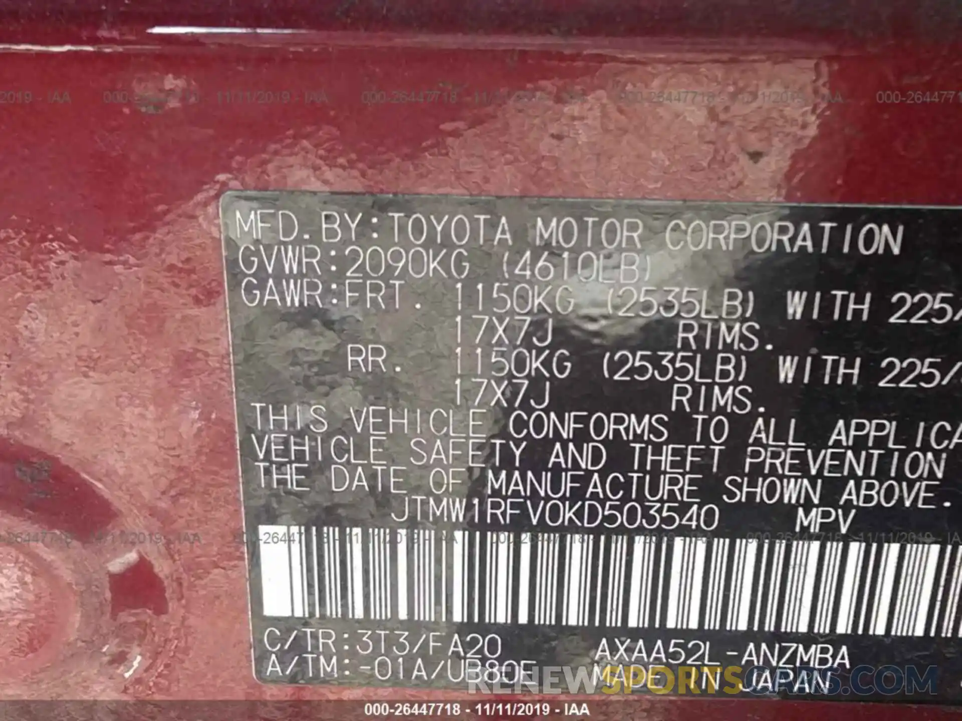 9 Photograph of a damaged car JTMW1RFV0KD503540 TOYOTA RAV4 2019