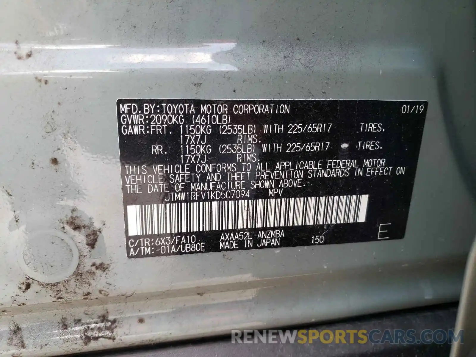 10 Photograph of a damaged car JTMW1RFV1KD507094 TOYOTA RAV4 2019