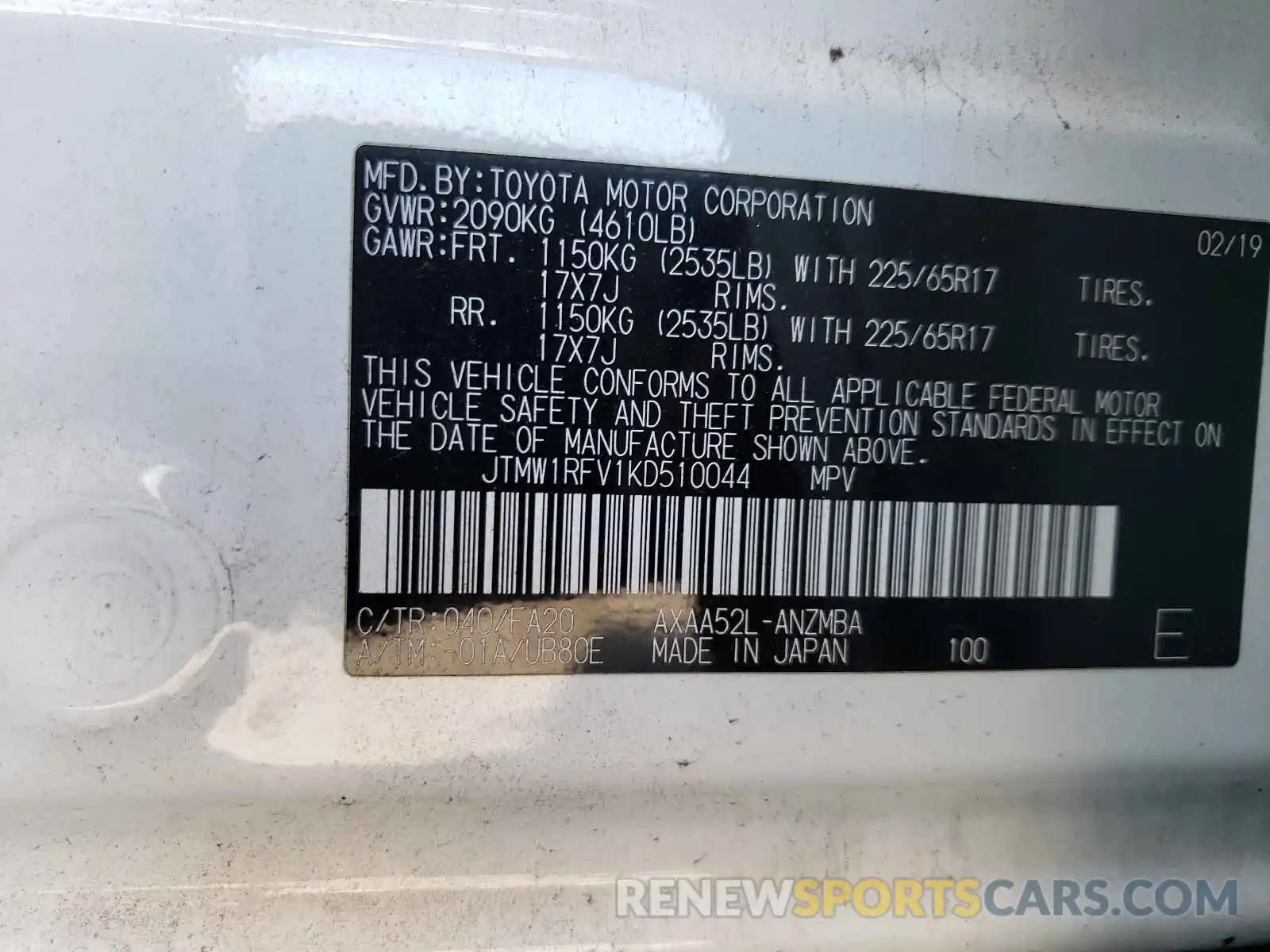 10 Photograph of a damaged car JTMW1RFV1KD510044 TOYOTA RAV4 2019