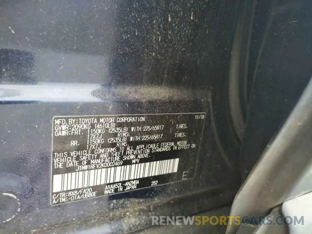 10 Photograph of a damaged car JTMW1RFV2KD002469 TOYOTA RAV4 2019